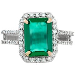 Designer Signed "Haridra- Ny" Emerald and Diamonds 18k White Gold Ring