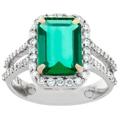 Vintage Designer Signed "Haridra- Ny" Emerald and Diamonds 18k White Gold Ring