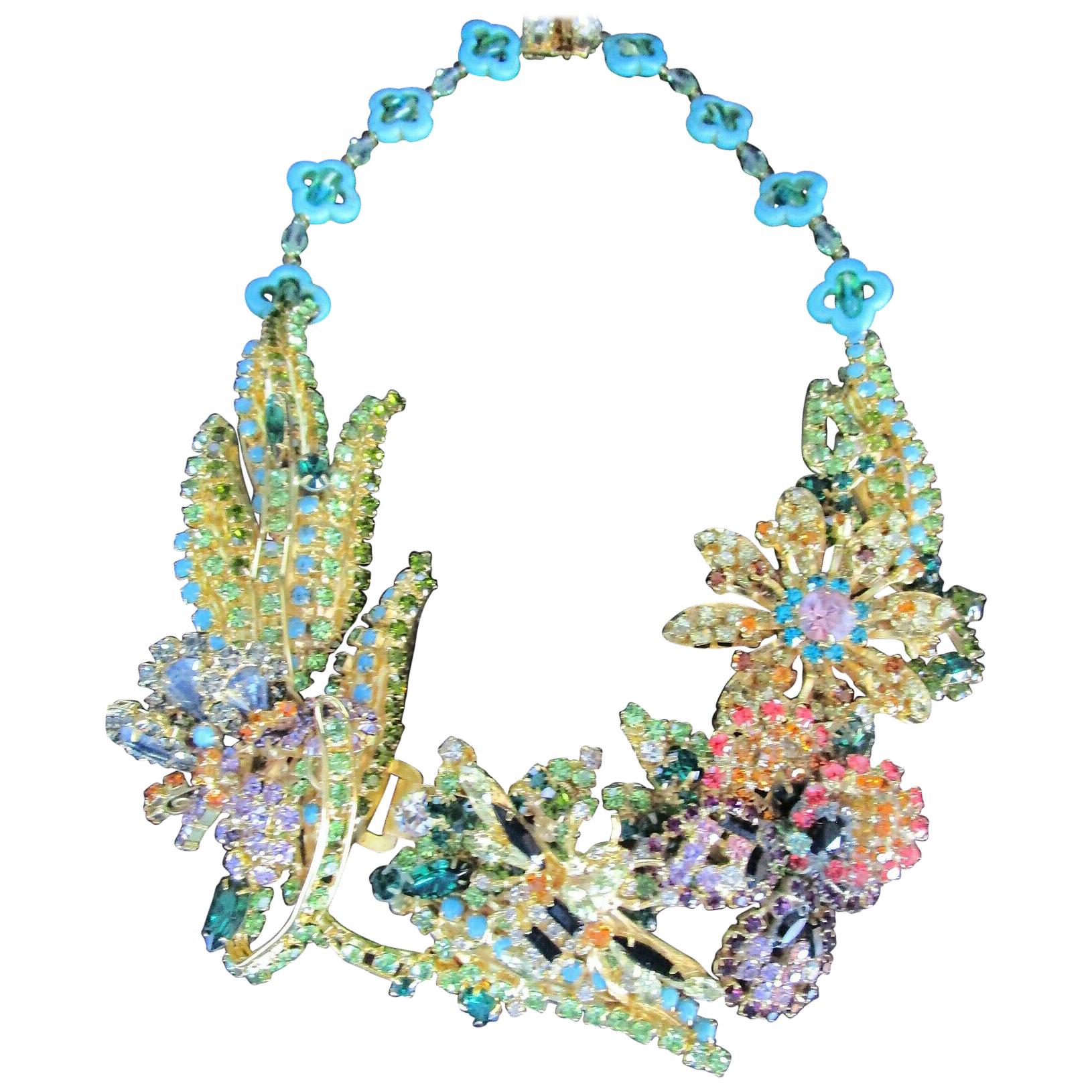 Designer Signed Ken Morrison Rare Vintage Crystal Bumble Bee Garden Necklace For Sale