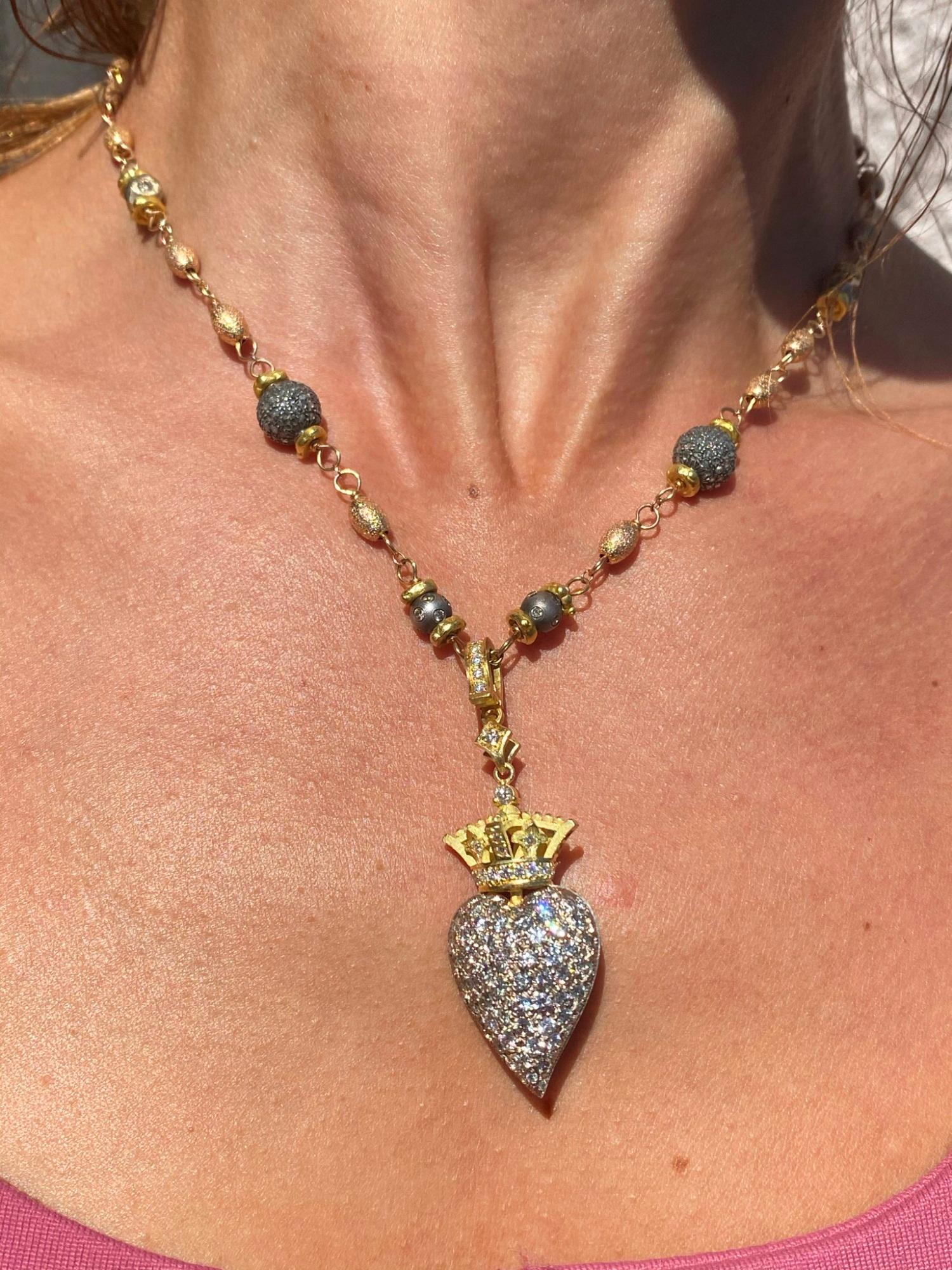 Brilliant Cut Designer Signed Kisum Heart Crown Pave Diamond 18K Multicolor Gold Necklace For Sale
