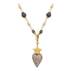 Designer Signed Kisum Heart Crown Pave Diamond 18K Multicolor Gold Necklace