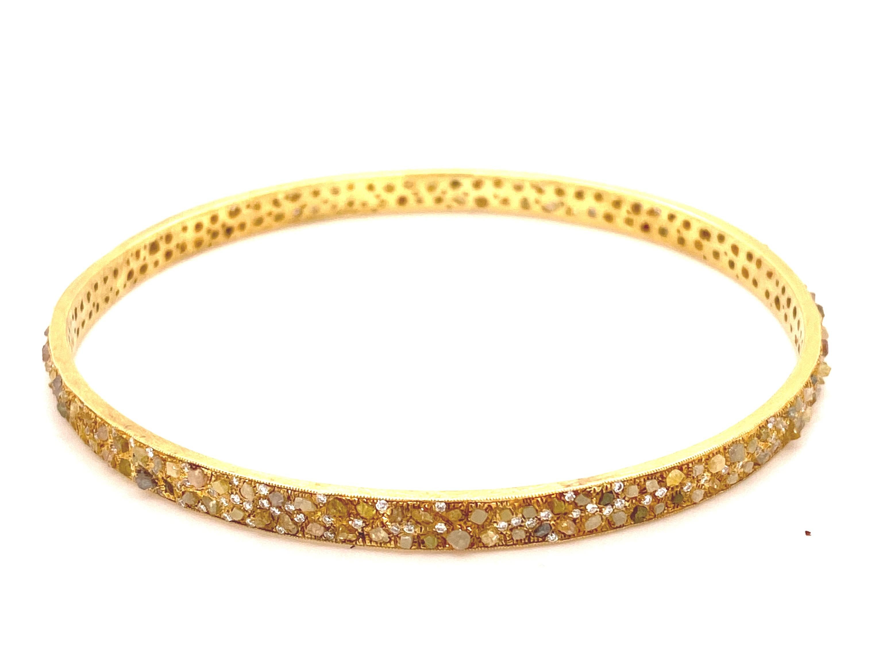 Modern Designer Signed Pair of Fancy Color Raw 7.85 Carat Diamonds 18K Gold Bangles