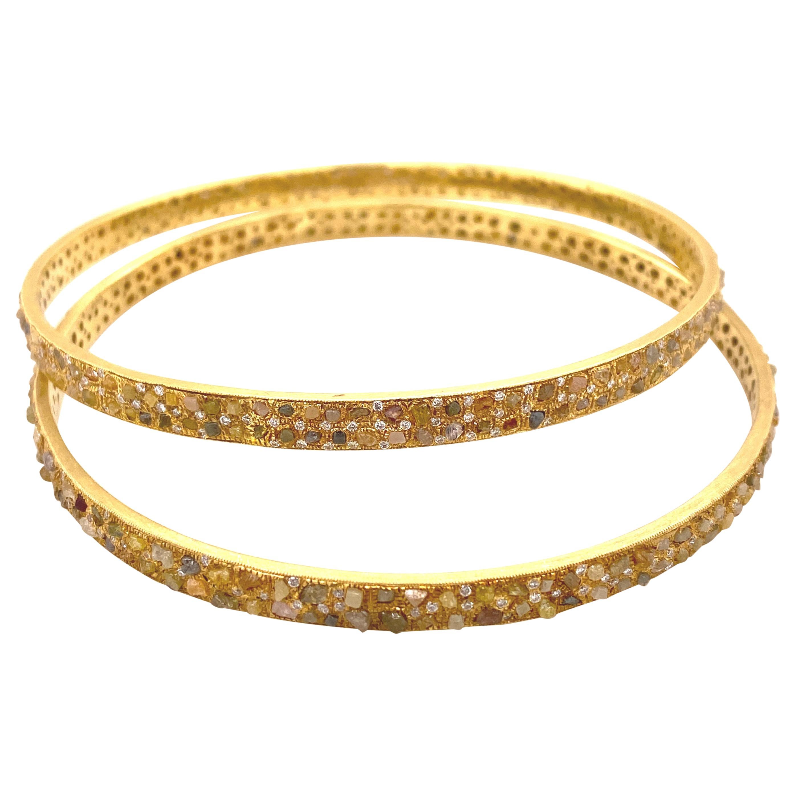 Designer Signed Pair of Fancy Color Raw 7.85 Carat Diamonds 18K Gold Bangles