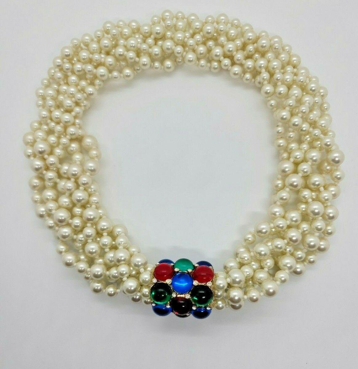 Round Cut Designer Signed Scaasi Multi Strand Faux Pearl and Gem Necklace  For Sale