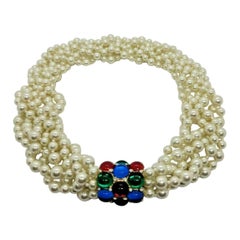 Designer Signed Scaasi Multi Strand Faux Pearl and Gem Necklace
