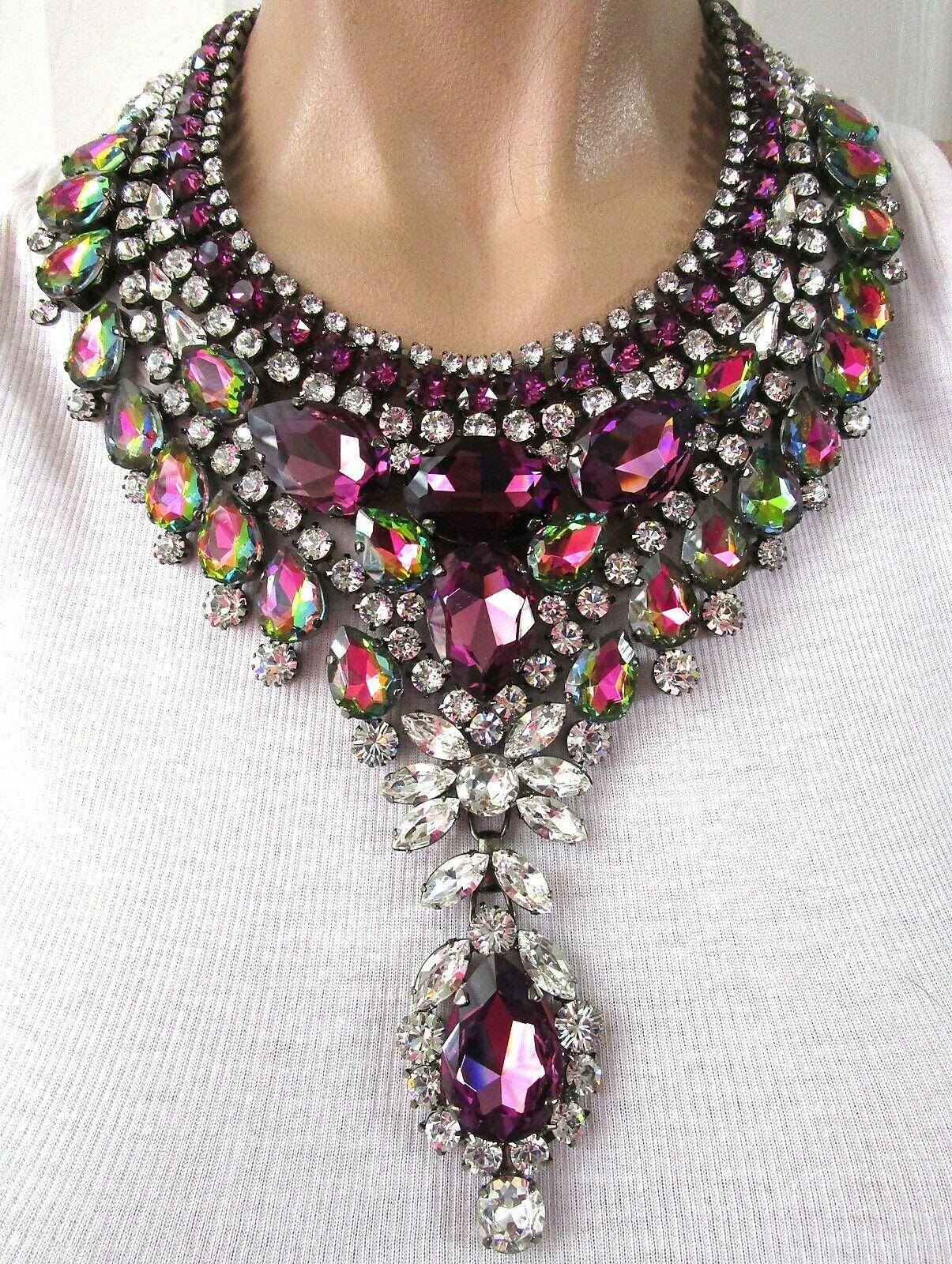 RARE THORIN & CO Opulent Designer Bib Necklace. Hand set with Sparkling Purple, Watermelon and Ice Crystals. Dark silver tone mounting. Necklace measures approx. 21