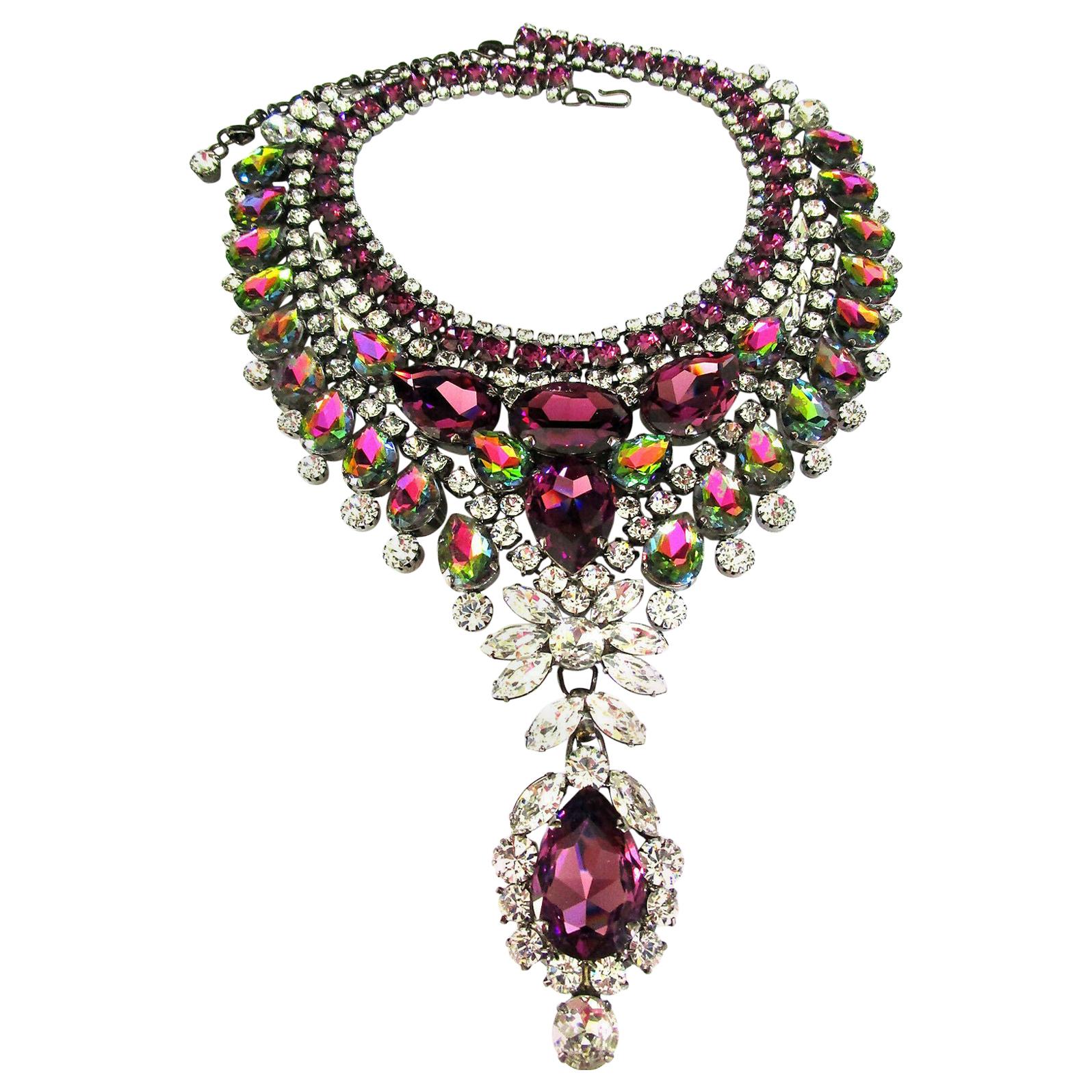 Designer Signed Thorin & Co Multi Gem Sparkling Crystal Runway Necklace For Sale