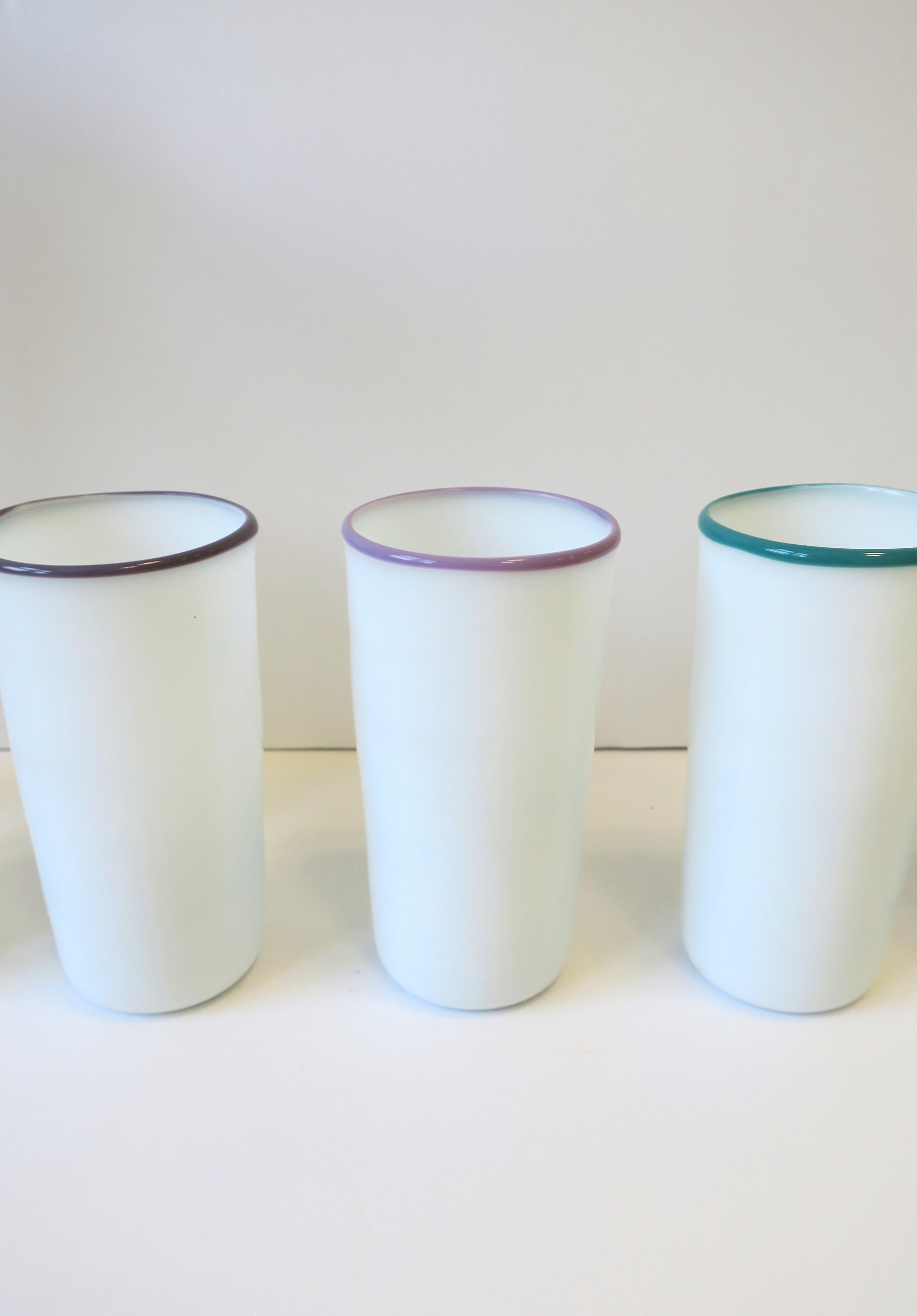 Designer Postmodern Signed White Art Glass Pitcher Carafe Glass Set, circa 1980s For Sale 6