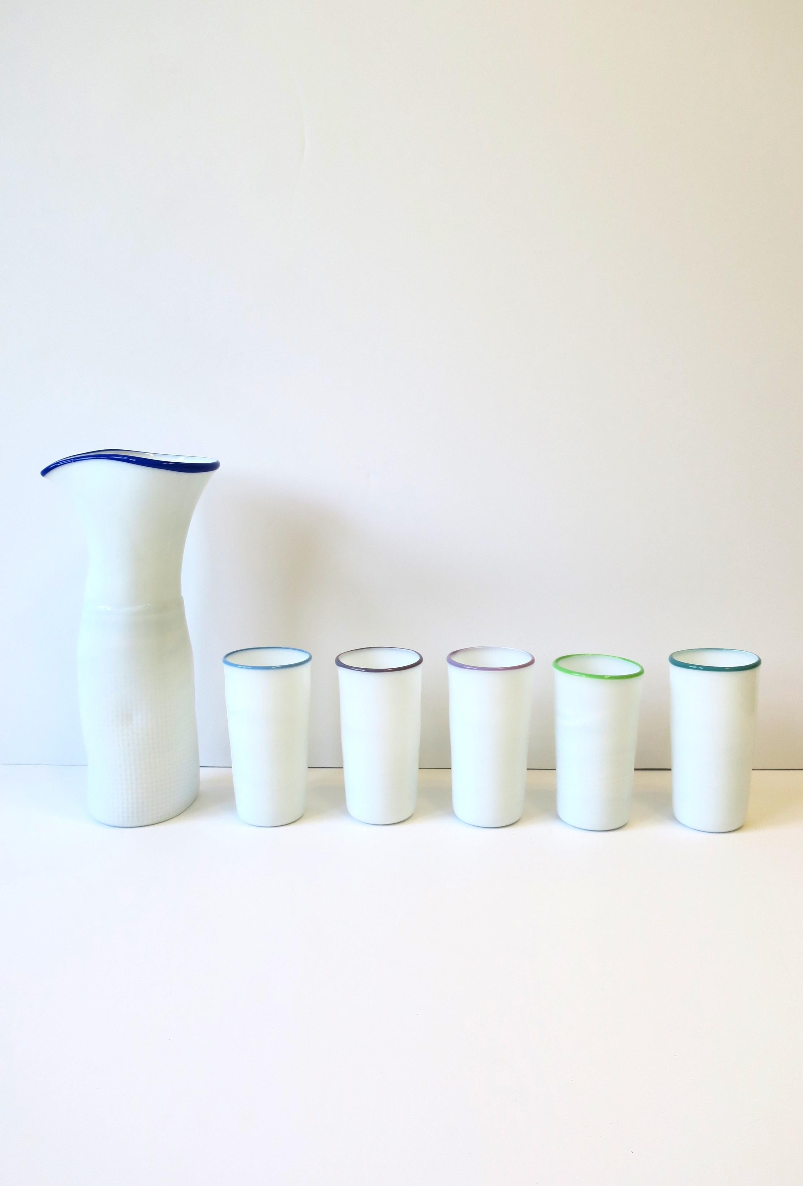 Post-Modern Designer Postmodern Signed White Art Glass Pitcher Carafe Glass Set, circa 1980s For Sale