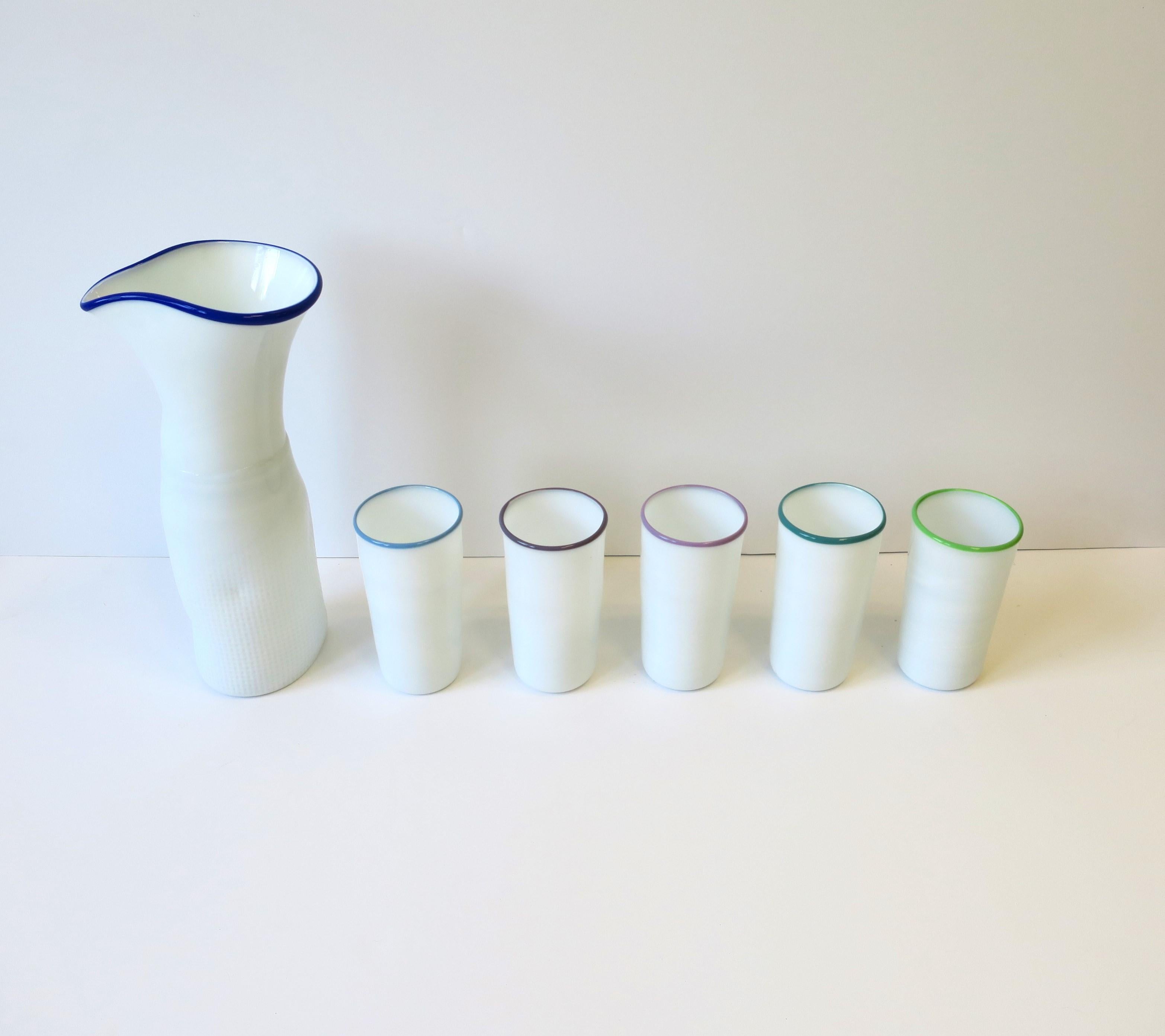 Designer Postmodern Signed White Art Glass Pitcher Carafe Glass Set, circa 1980s In Good Condition For Sale In New York, NY