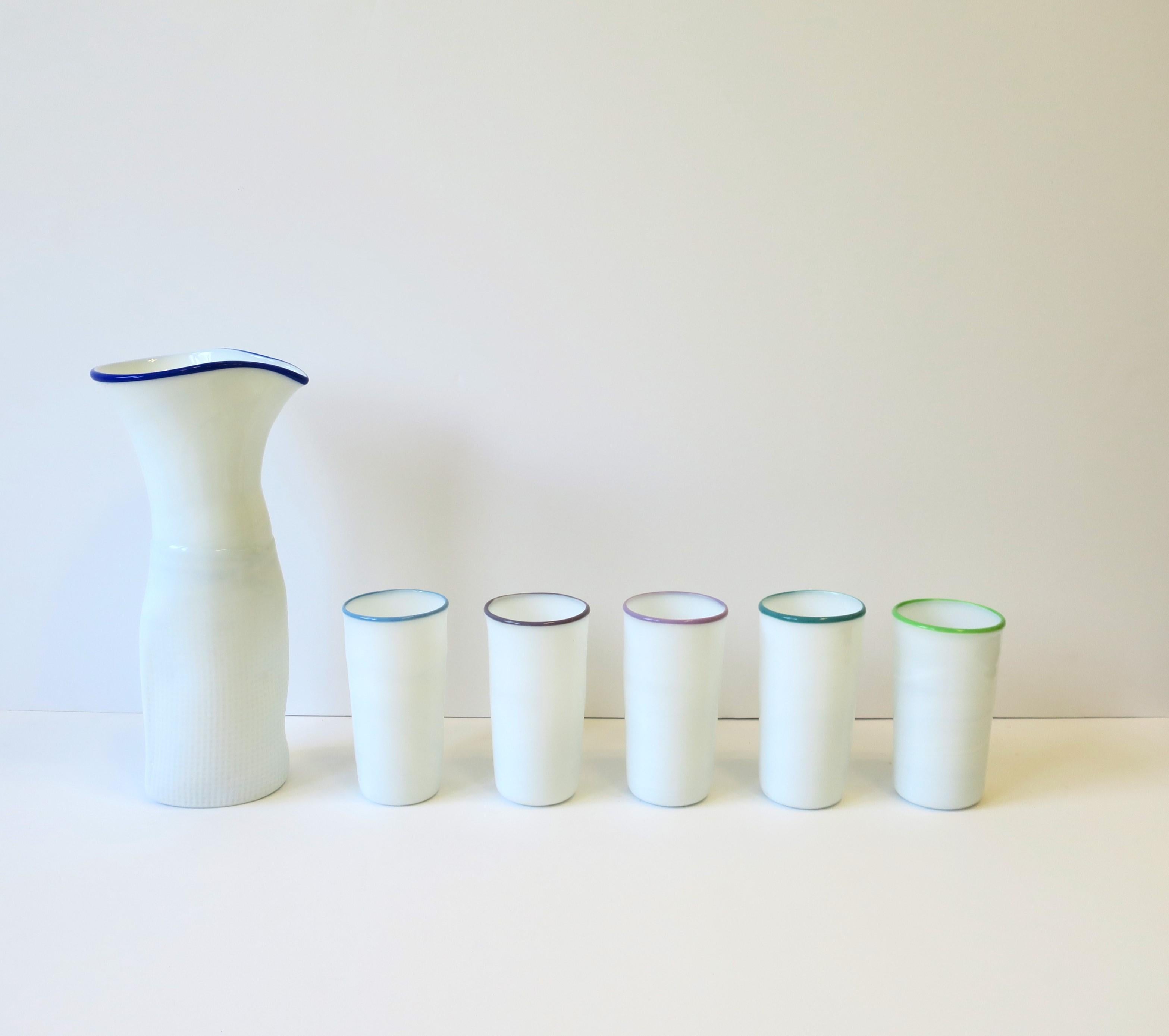 Late 20th Century Designer Postmodern Signed White Art Glass Pitcher Carafe Glass Set, circa 1980s For Sale