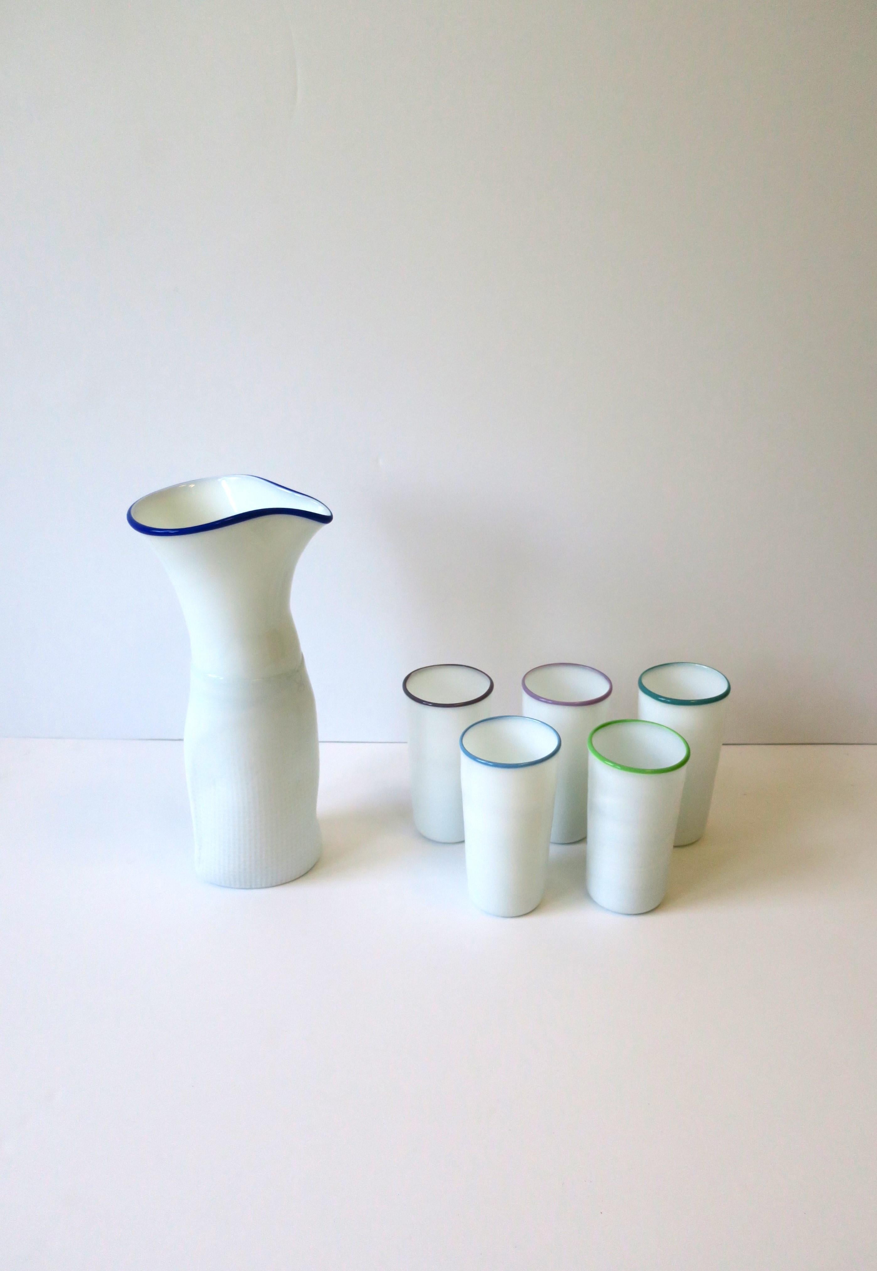Designer Postmodern Signed White Art Glass Pitcher Carafe Glass Set, circa 1980s For Sale 1