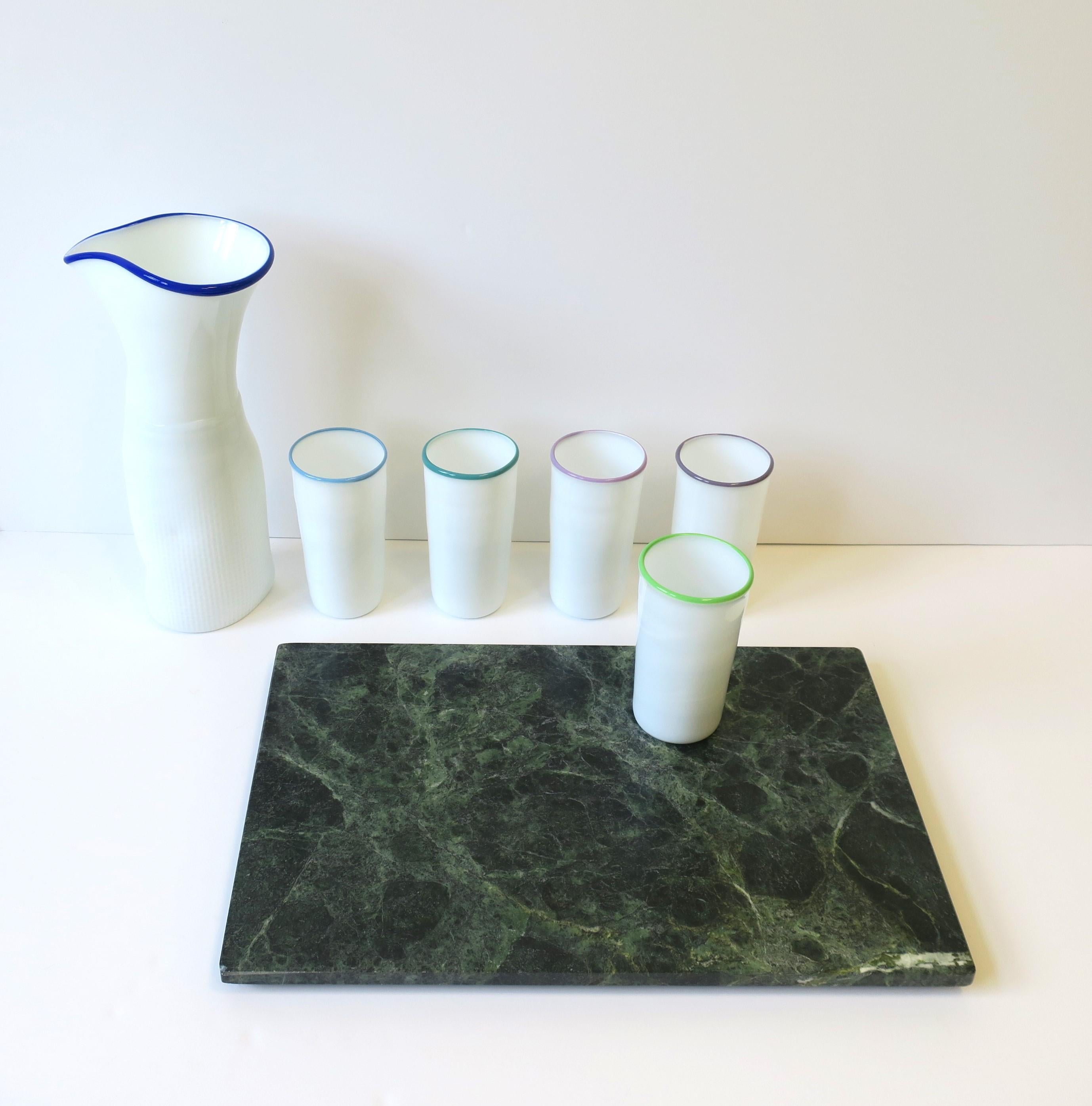 Designer Postmodern Signed White Art Glass Pitcher Carafe Glass Set, circa 1980s For Sale 3
