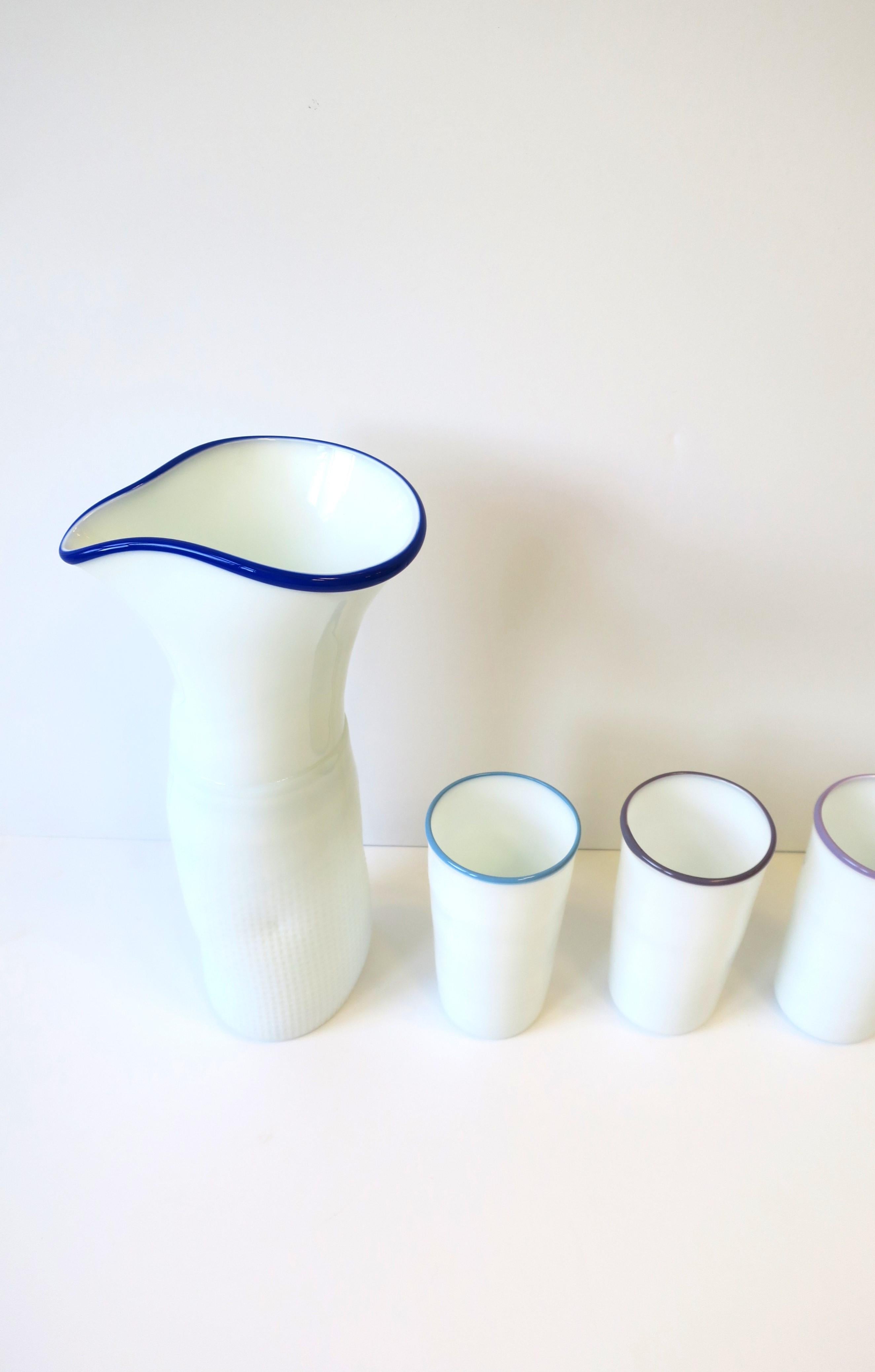 Designer Postmodern Signed White Art Glass Pitcher Carafe Glass Set, circa 1980s For Sale 4