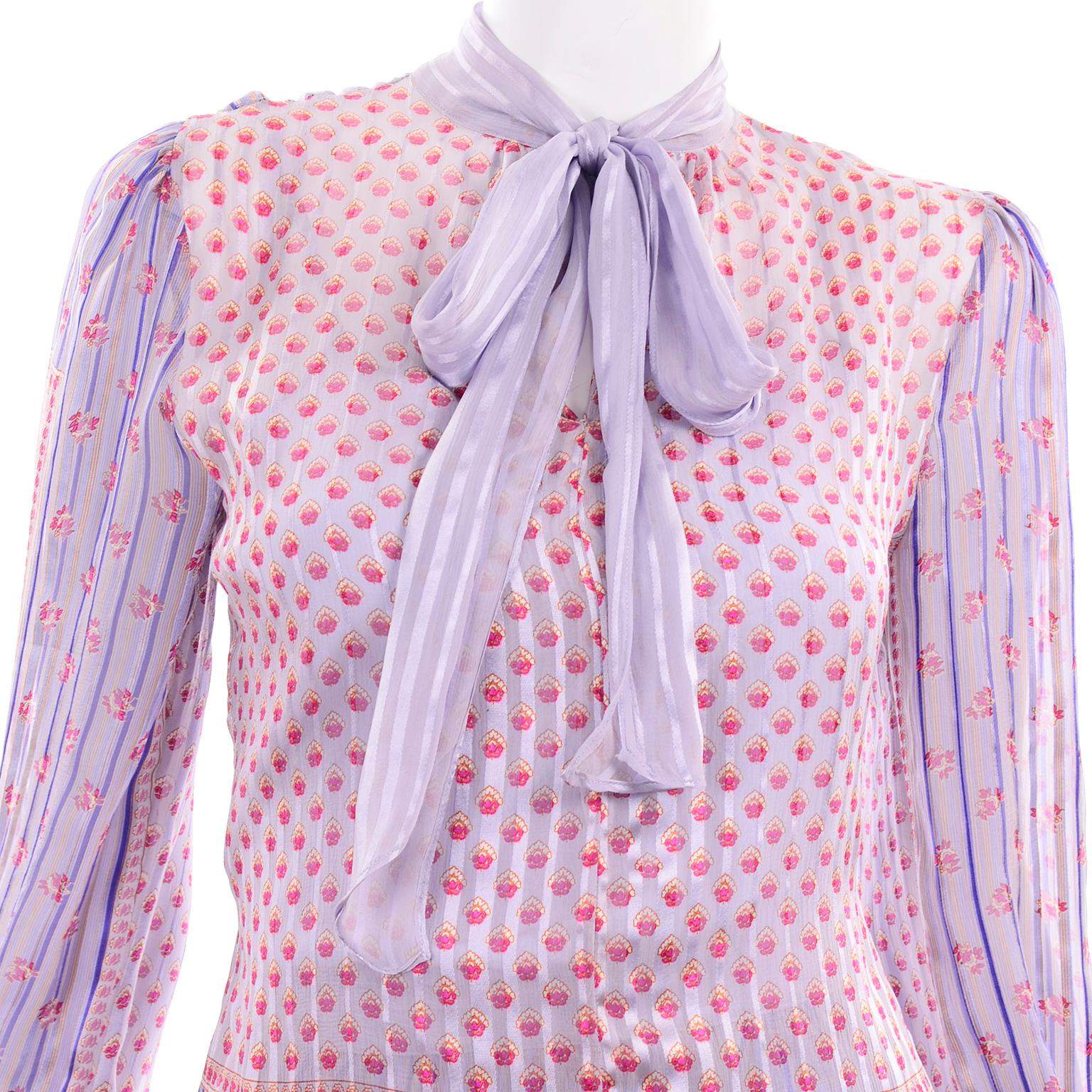 Designer Silk Chiffon 2 Pc Dress in Purple Yellow Pink Floral Print Pattern Mix 4