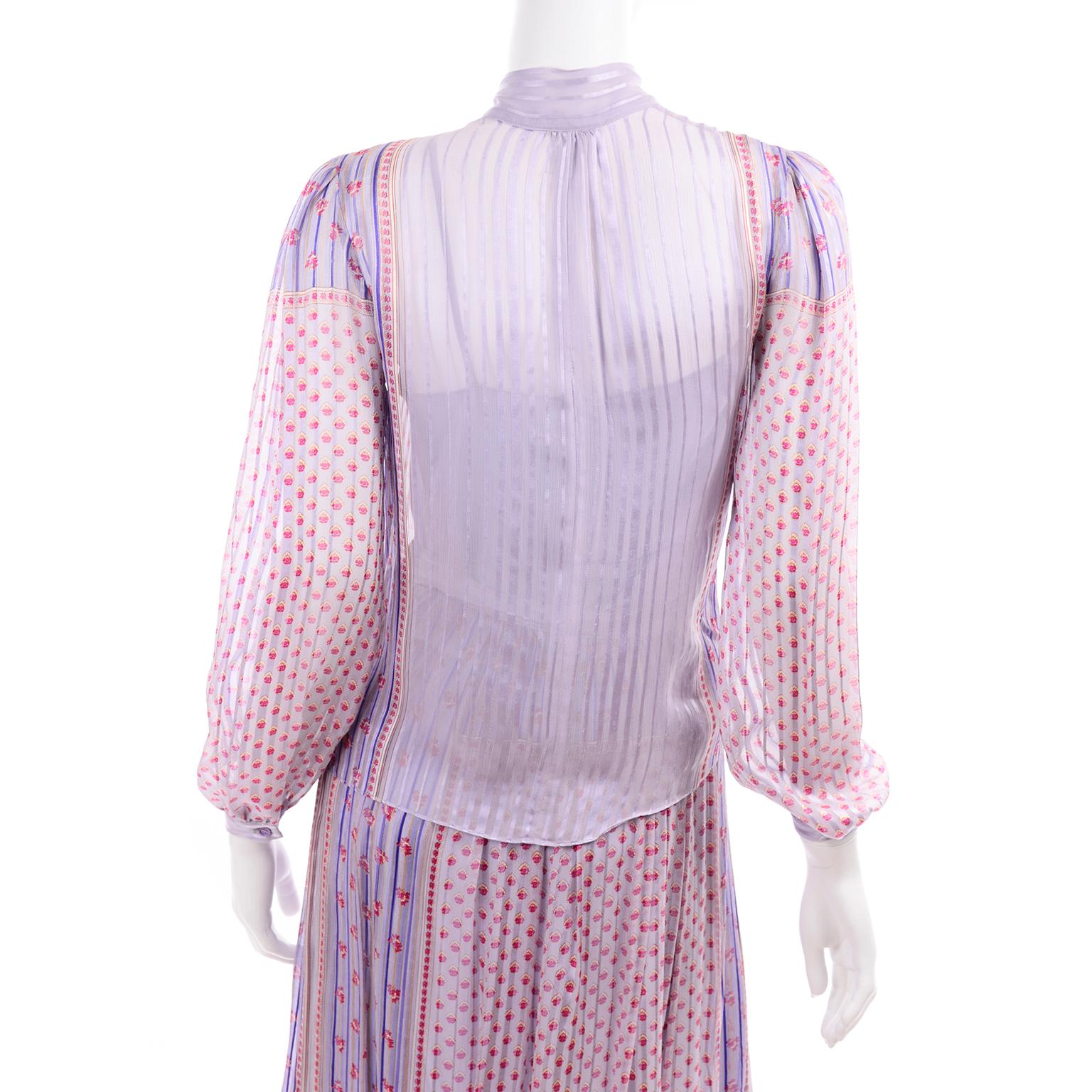 Designer Silk Chiffon 2 Pc Dress in Purple Yellow Pink Floral Print Pattern Mix 6