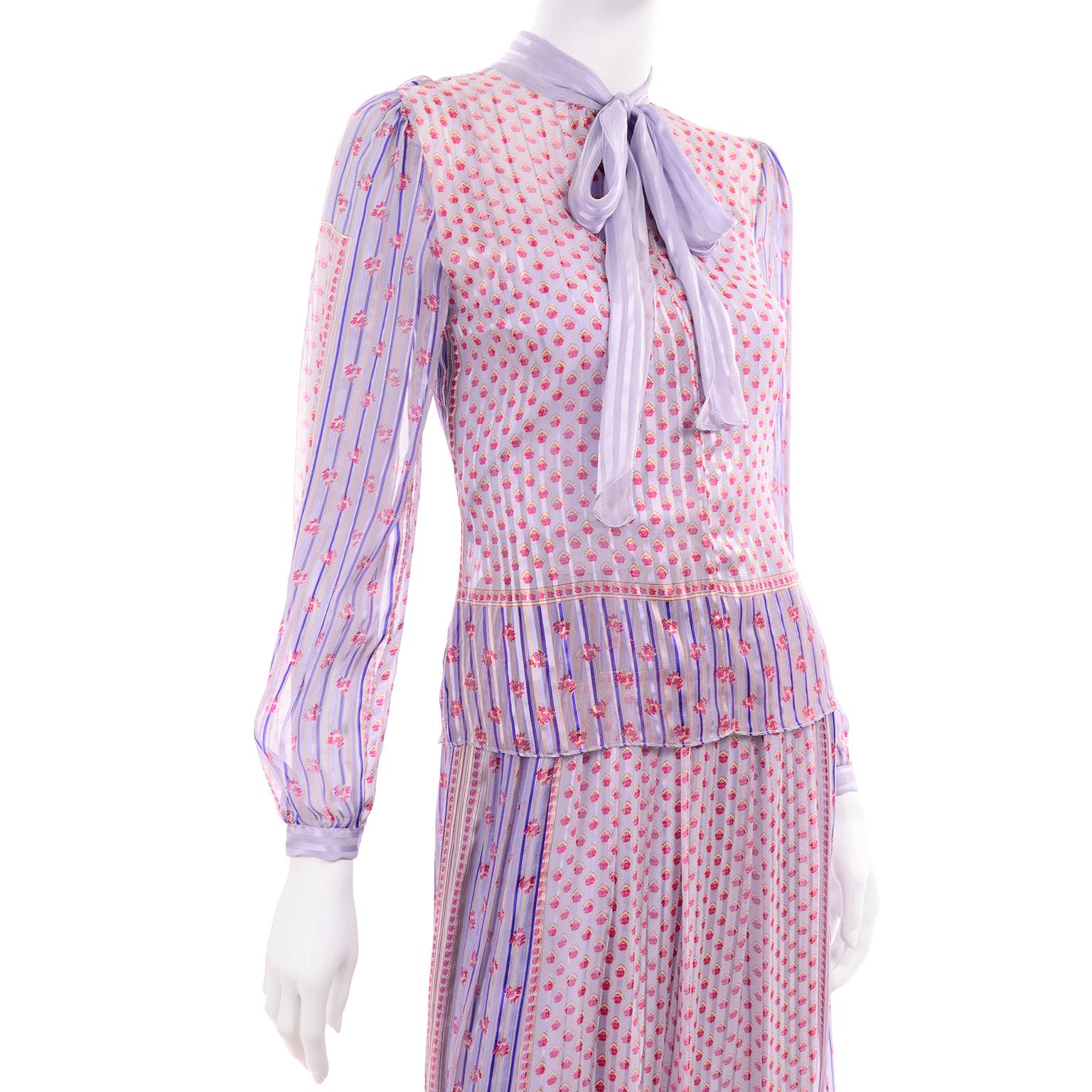 Designer Silk Chiffon 2 Pc Dress in Purple Yellow Pink Floral Print Pattern Mix 7