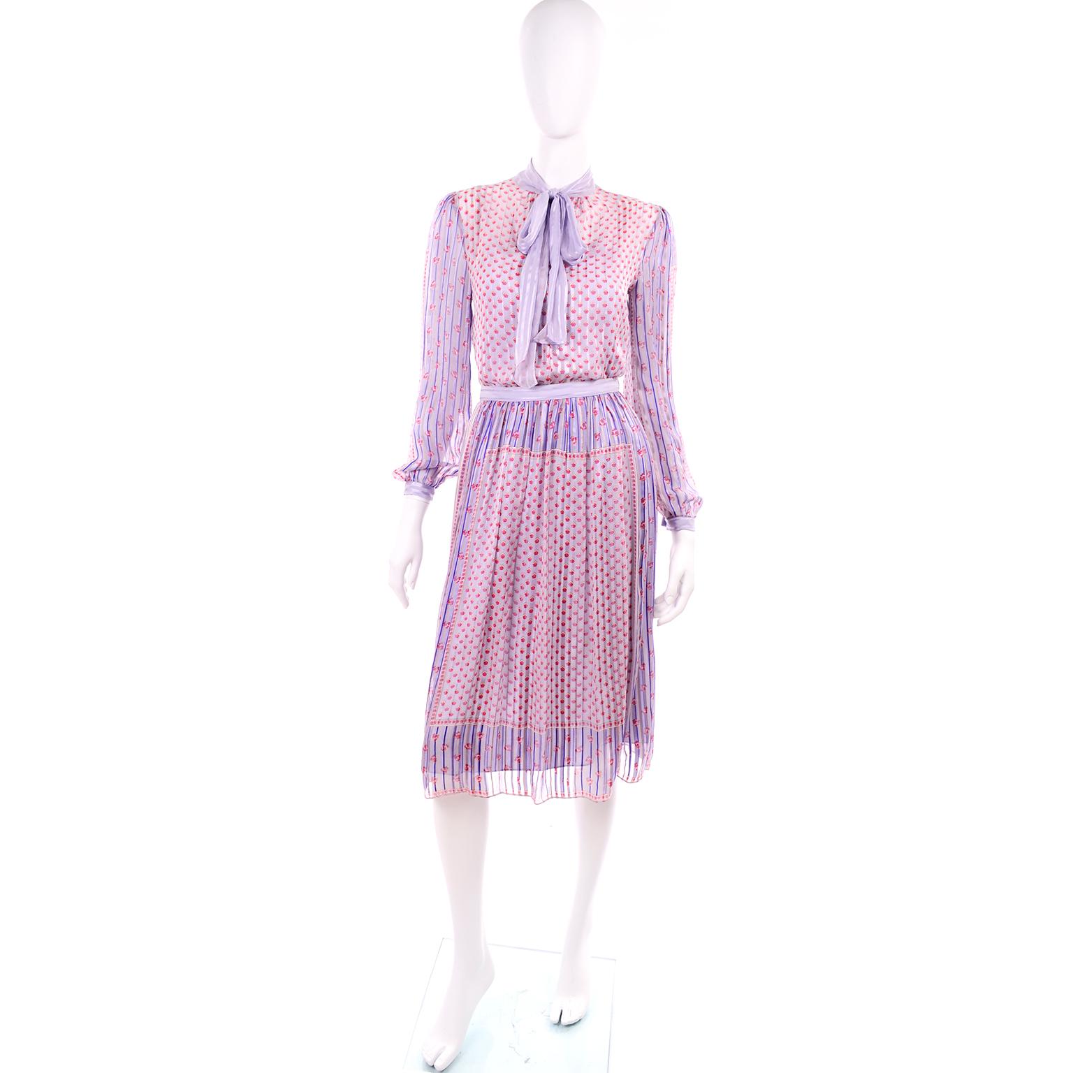 Designer Silk Chiffon 2 Pc Dress in Purple Yellow Pink Floral Print Pattern Mix 1