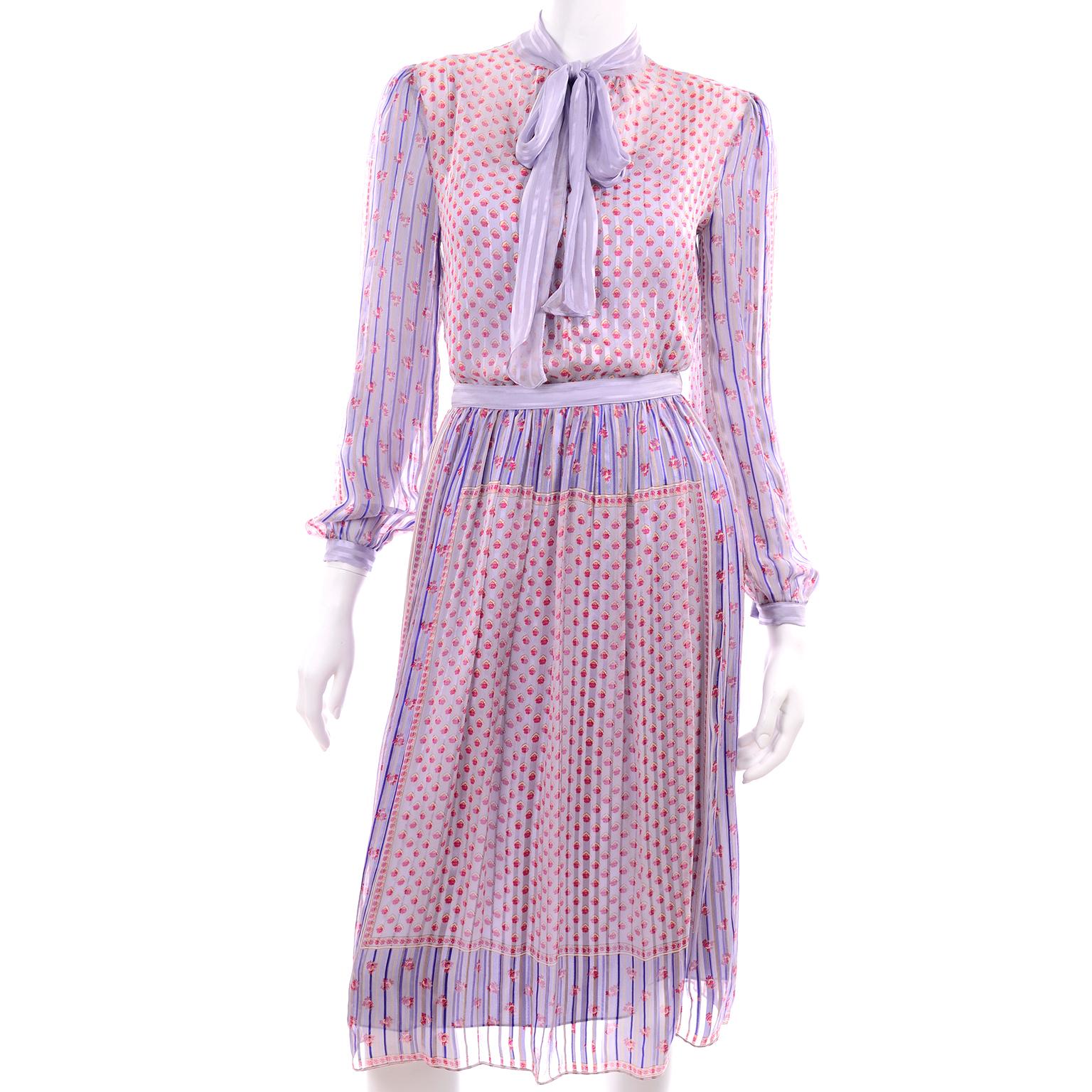 Designer Silk Chiffon 2 Pc Dress in Purple Yellow Pink Floral Print Pattern Mix 2