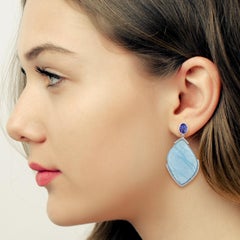 Designer Slice Aquamarine, Tanzanite & Diamond Dangle Earring in 18k White Gold