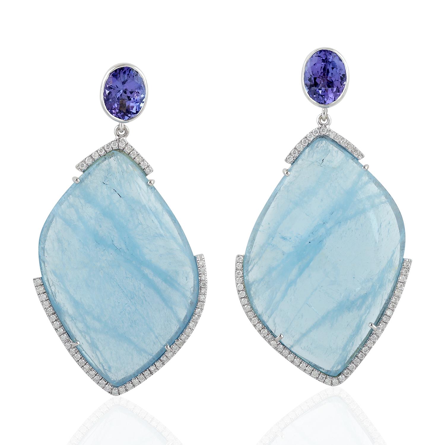 Round Cut Designer Slice Aquamarine, Tanzanite & Diamond Dangle Earring in 18k White Gold For Sale