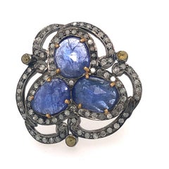 Designer Sliced Tanzanite and Diamond Ring in 18k Gold and Silver