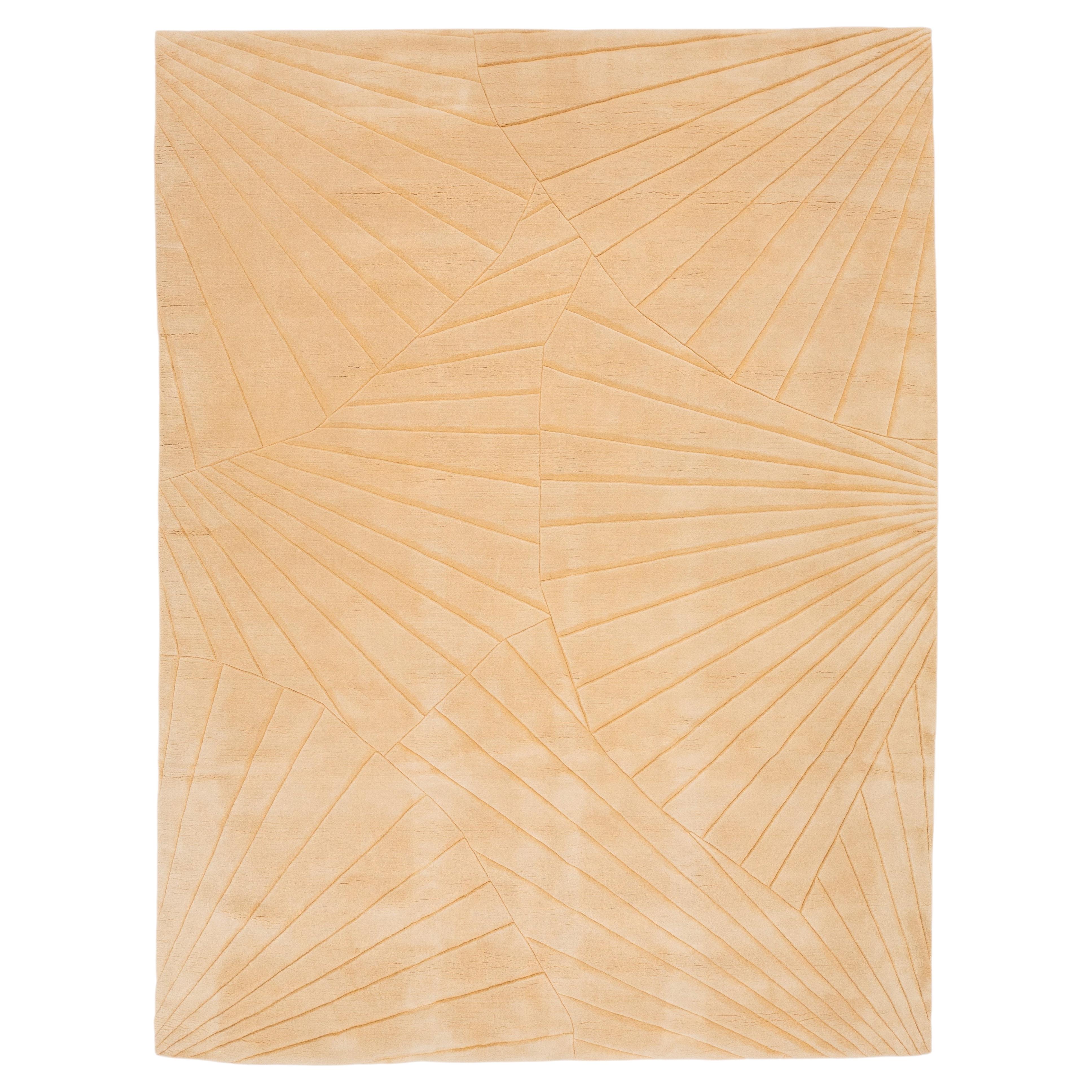 Designer Soft Orange Wool Rug Featuring Abstract Geometric High-Low Texture