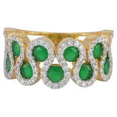 Solid 14k Yellow Gold Natural White Diamond Emerald Wedding Band Ring