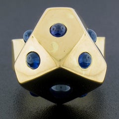 Designer Solid 18K Yellow Gold Round Cabochon Cut Sapphire Geometric Band Ring