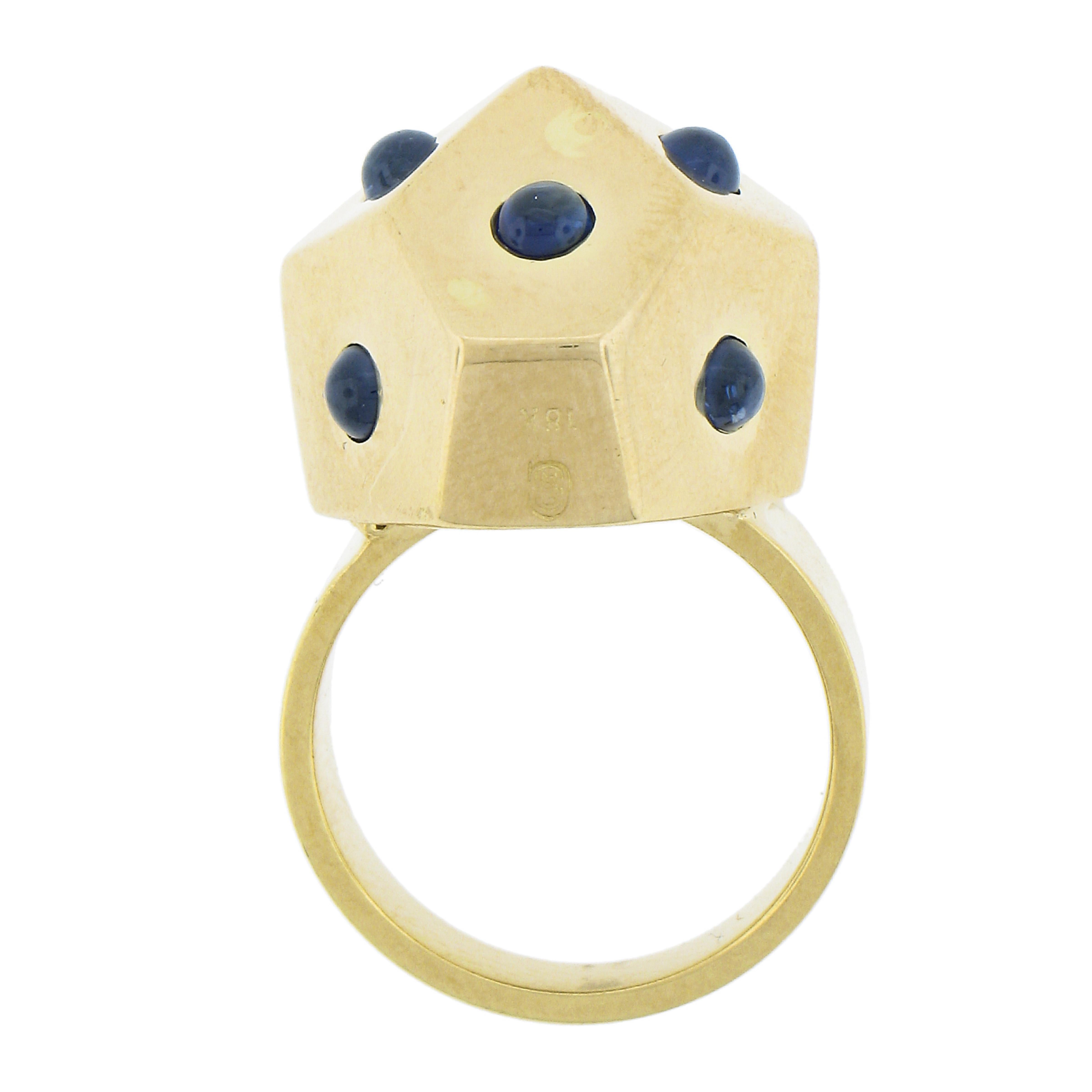 Designer Solid 18K Yellow Gold Round Cabochon Cut Sapphire Geometric Band Ring For Sale 1