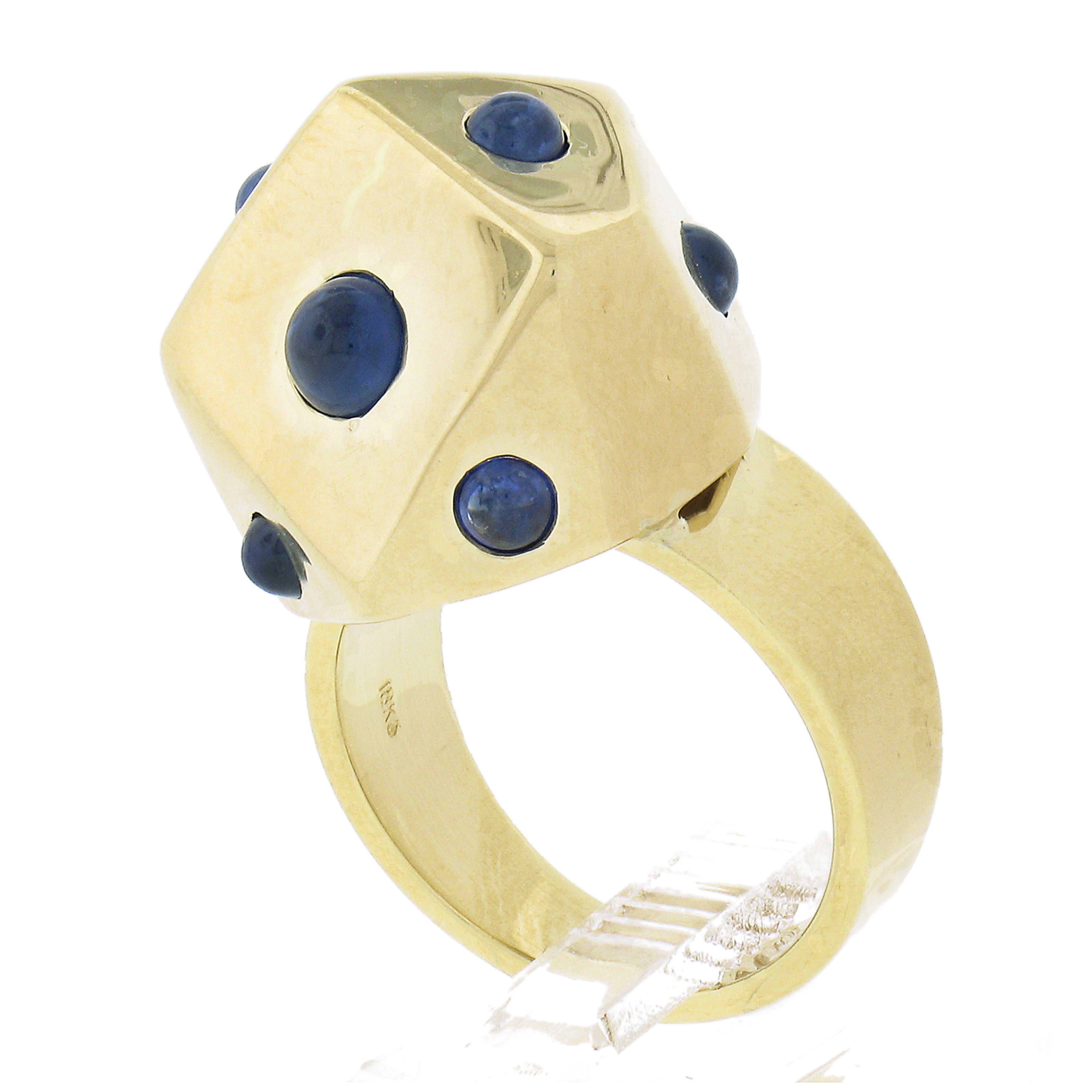 Designer Solid 18K Yellow Gold Round Cabochon Cut Sapphire Geometric Band Ring For Sale 2