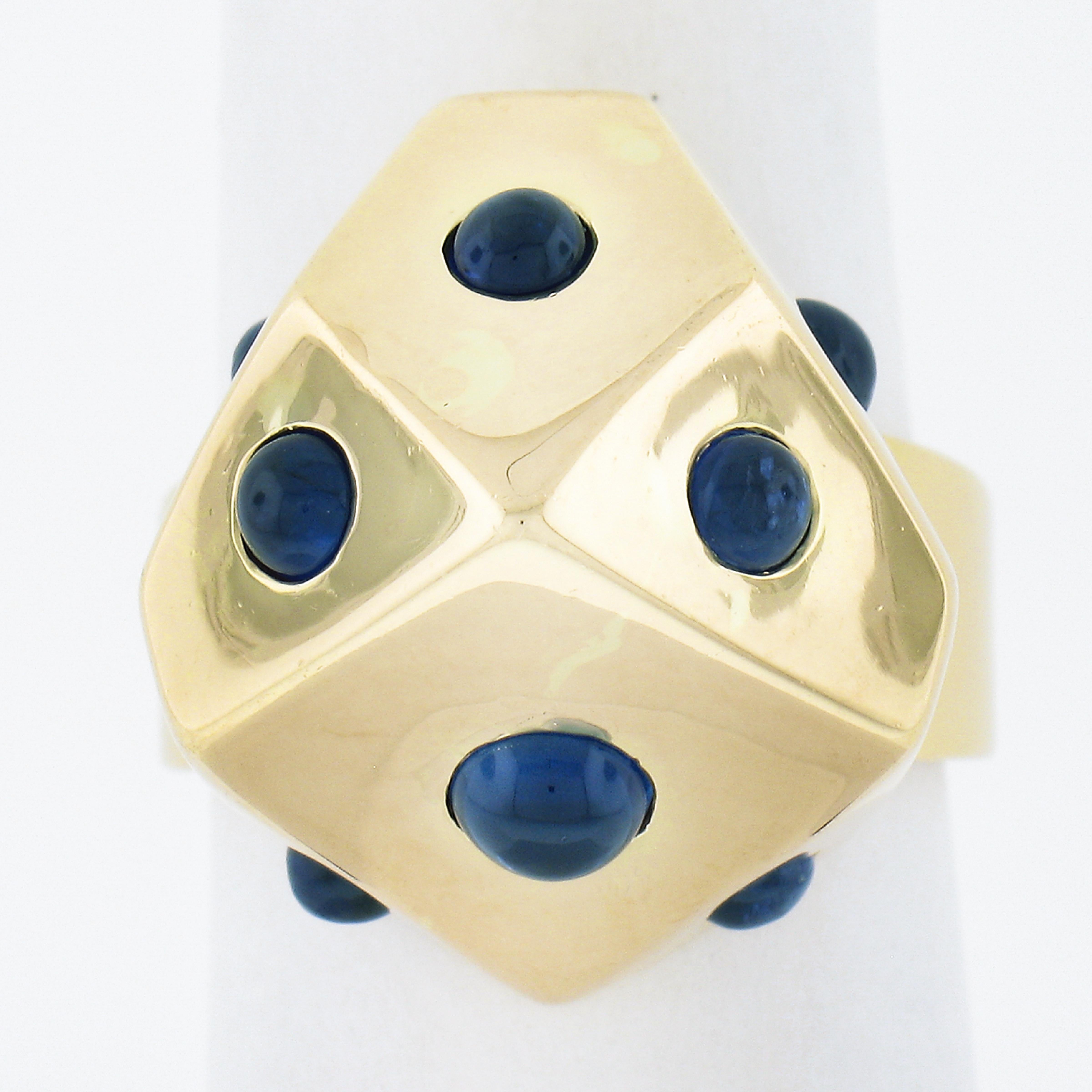 Designer Solid 18K Yellow Gold Round Cabochon Cut Sapphire Geometric Band Ring For Sale 3