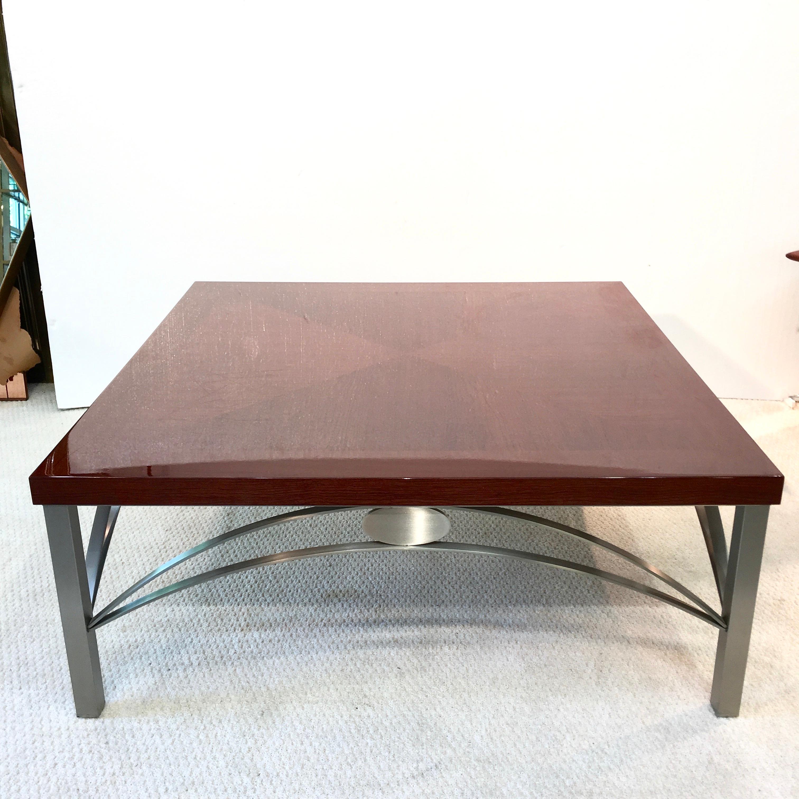 Late 20th Century Designer Square Cocktail Table Padauk and Stainless Steel For Sale
