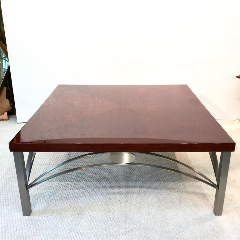 Designer Square Cocktail Table Padauk and Stainless Steel For Sale at