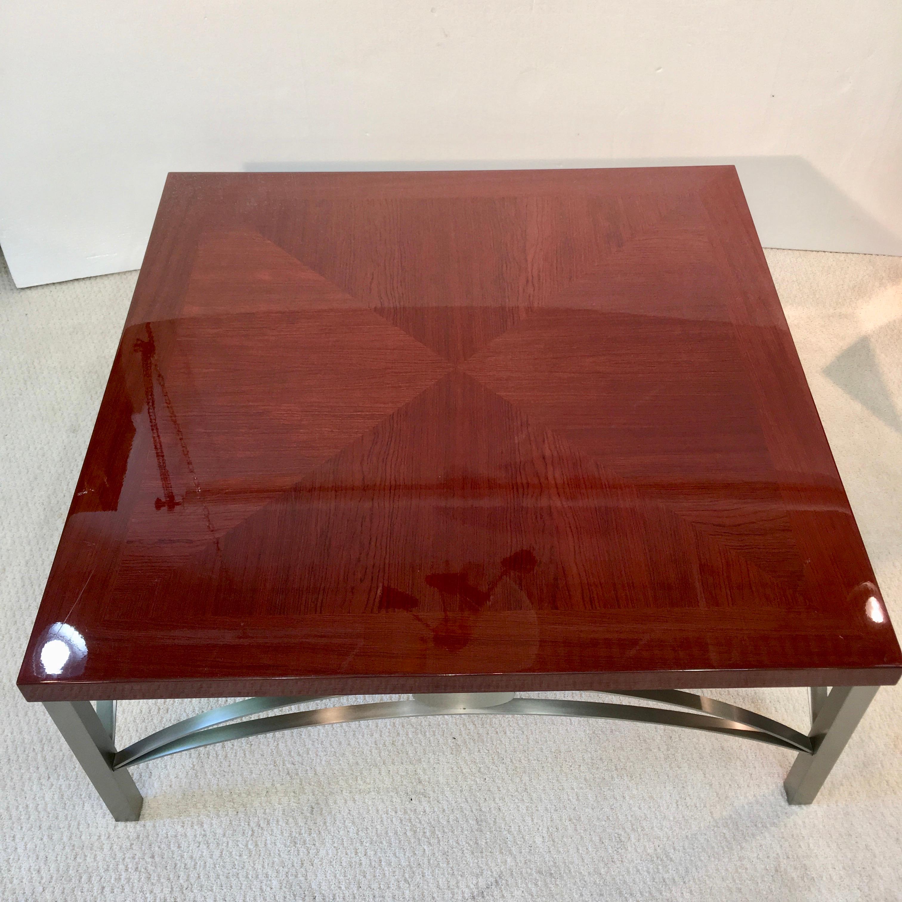 Designer Square Cocktail Table Padauk and Stainless Steel For Sale 1