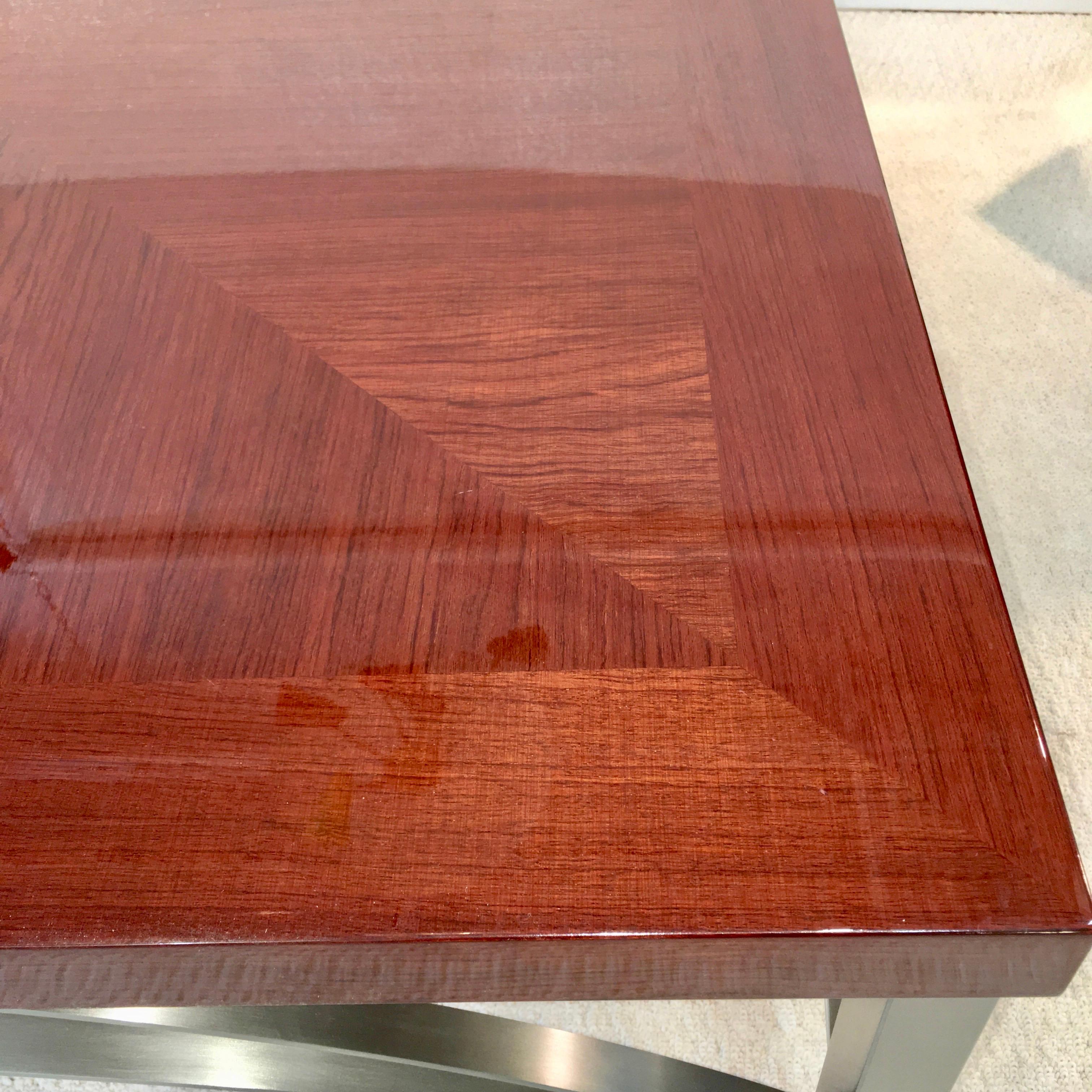 Designer Square Cocktail Table Padauk and Stainless Steel For Sale 2