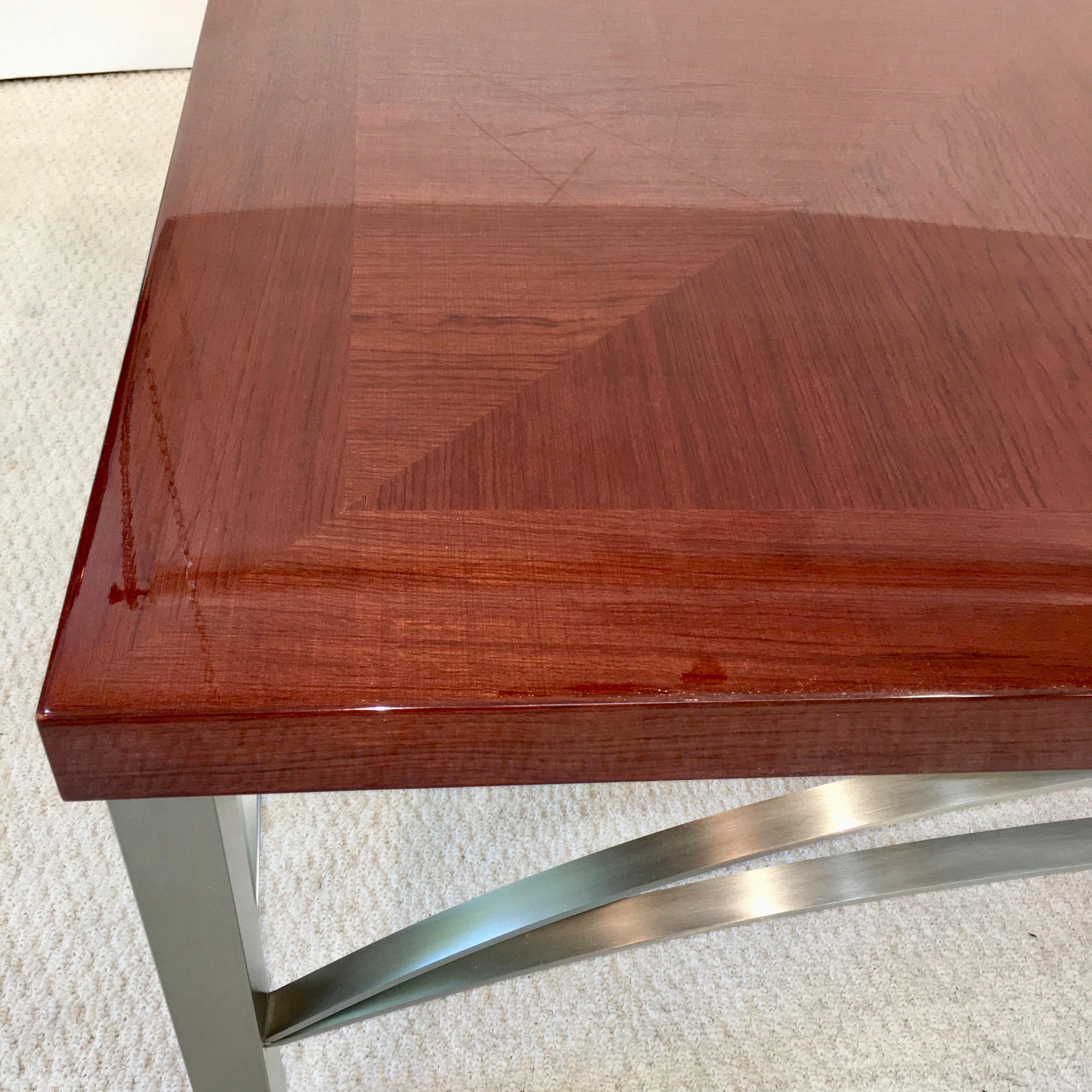 Designer Square Cocktail Table Padauk and Stainless Steel For Sale 3
