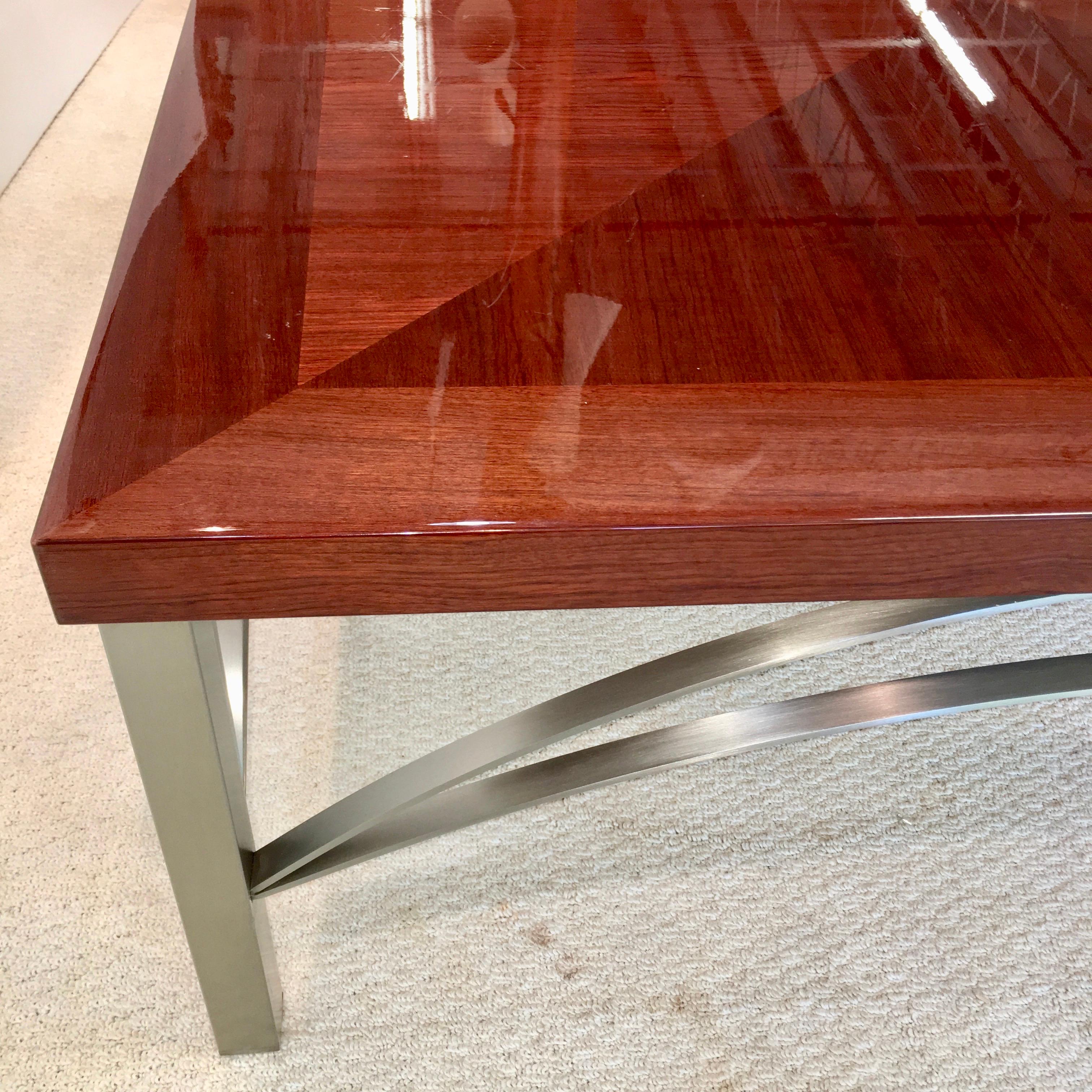 Designer Square Cocktail Table Padauk and Stainless Steel For Sale 4