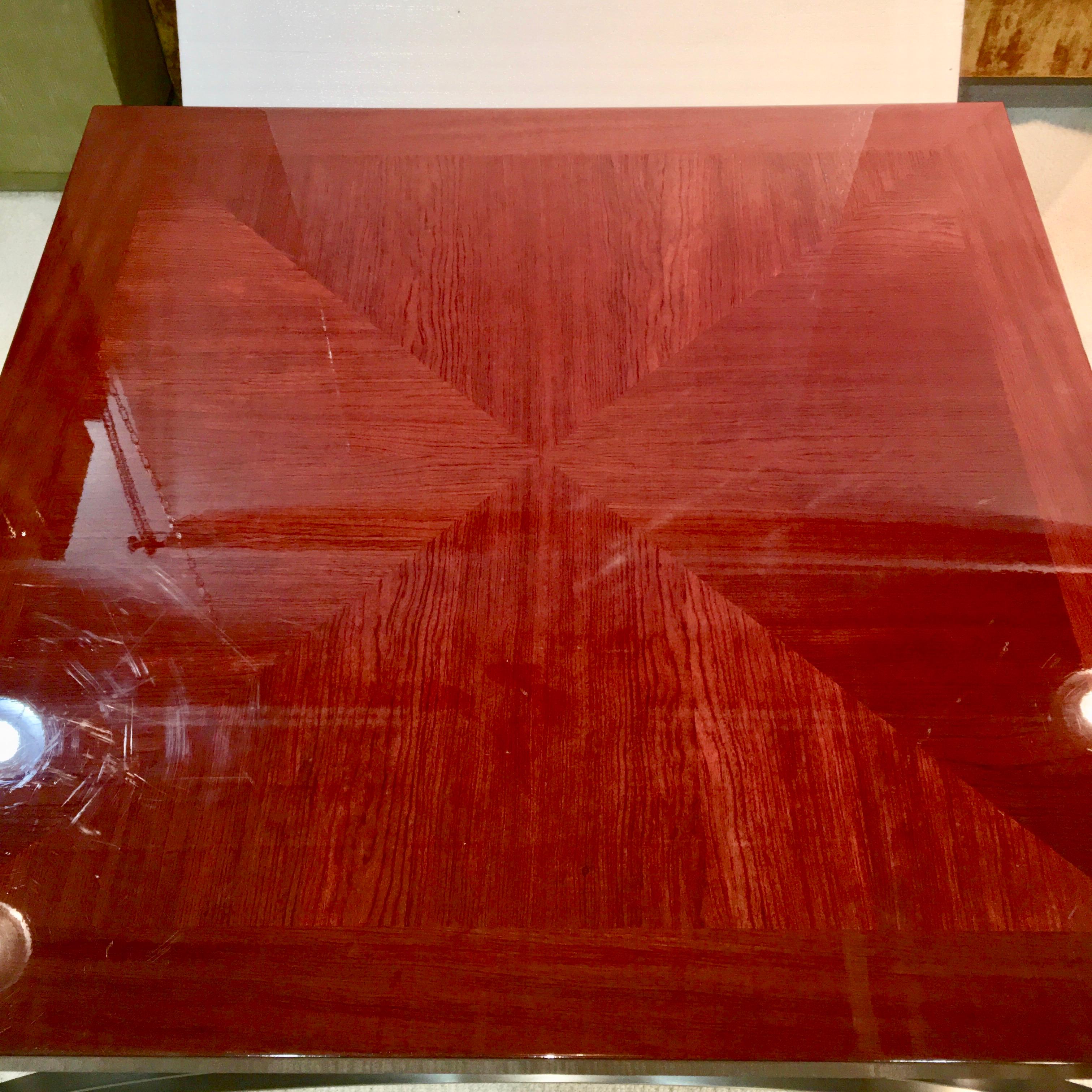 Modern Designer Square Cocktail Table Padauk and Stainless Steel For Sale