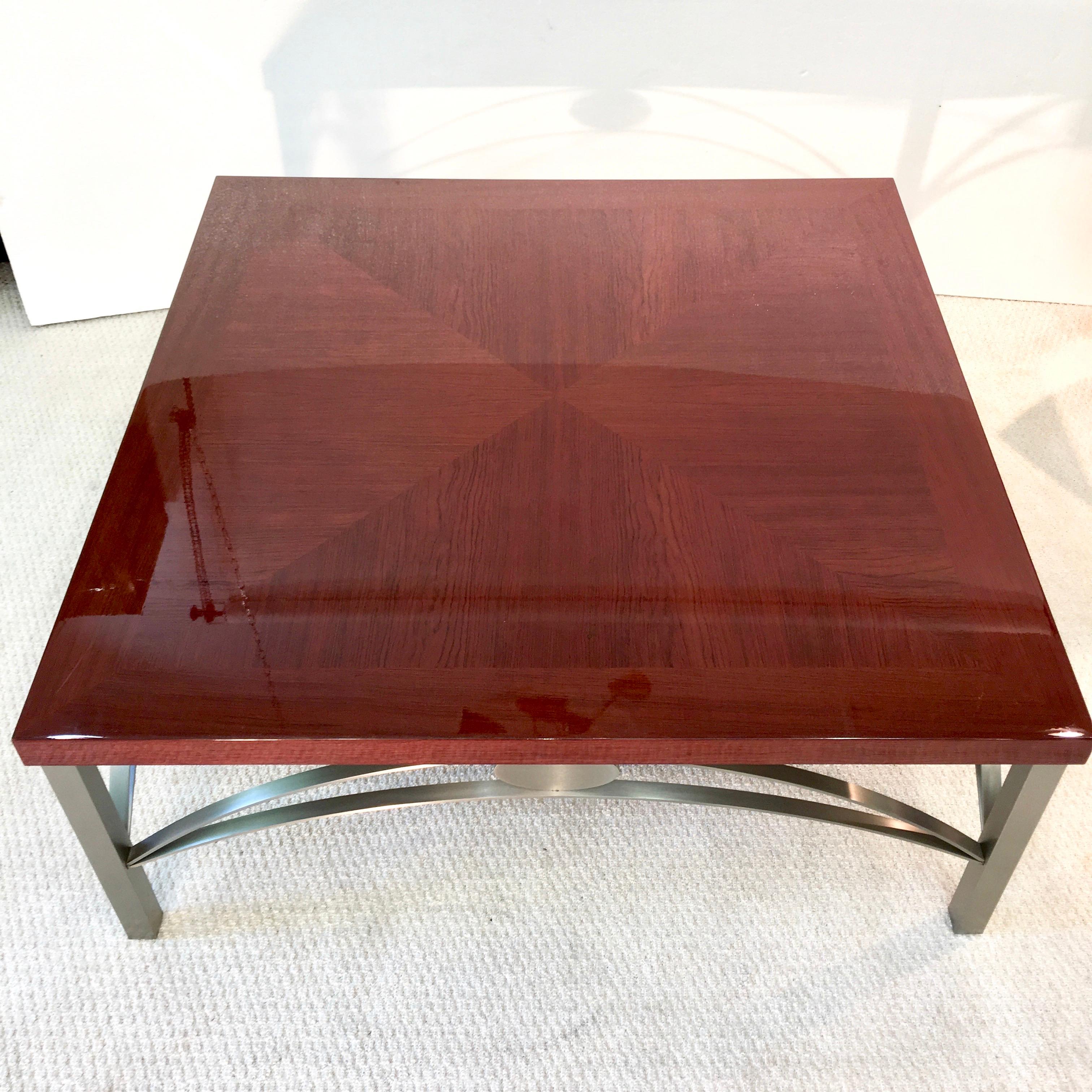 American Designer Square Cocktail Table Padauk and Stainless Steel For Sale
