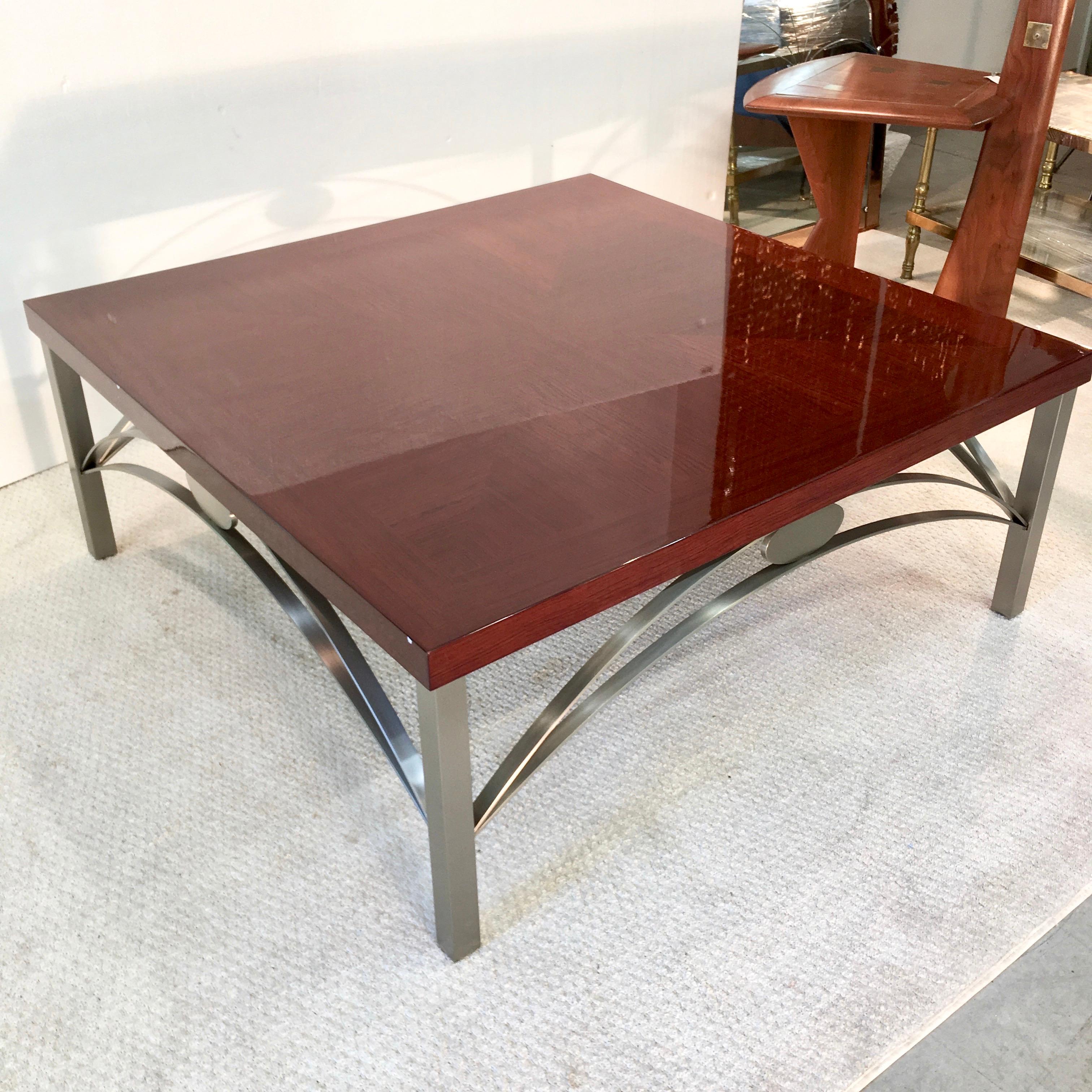 Brushed Designer Square Cocktail Table Padauk and Stainless Steel For Sale