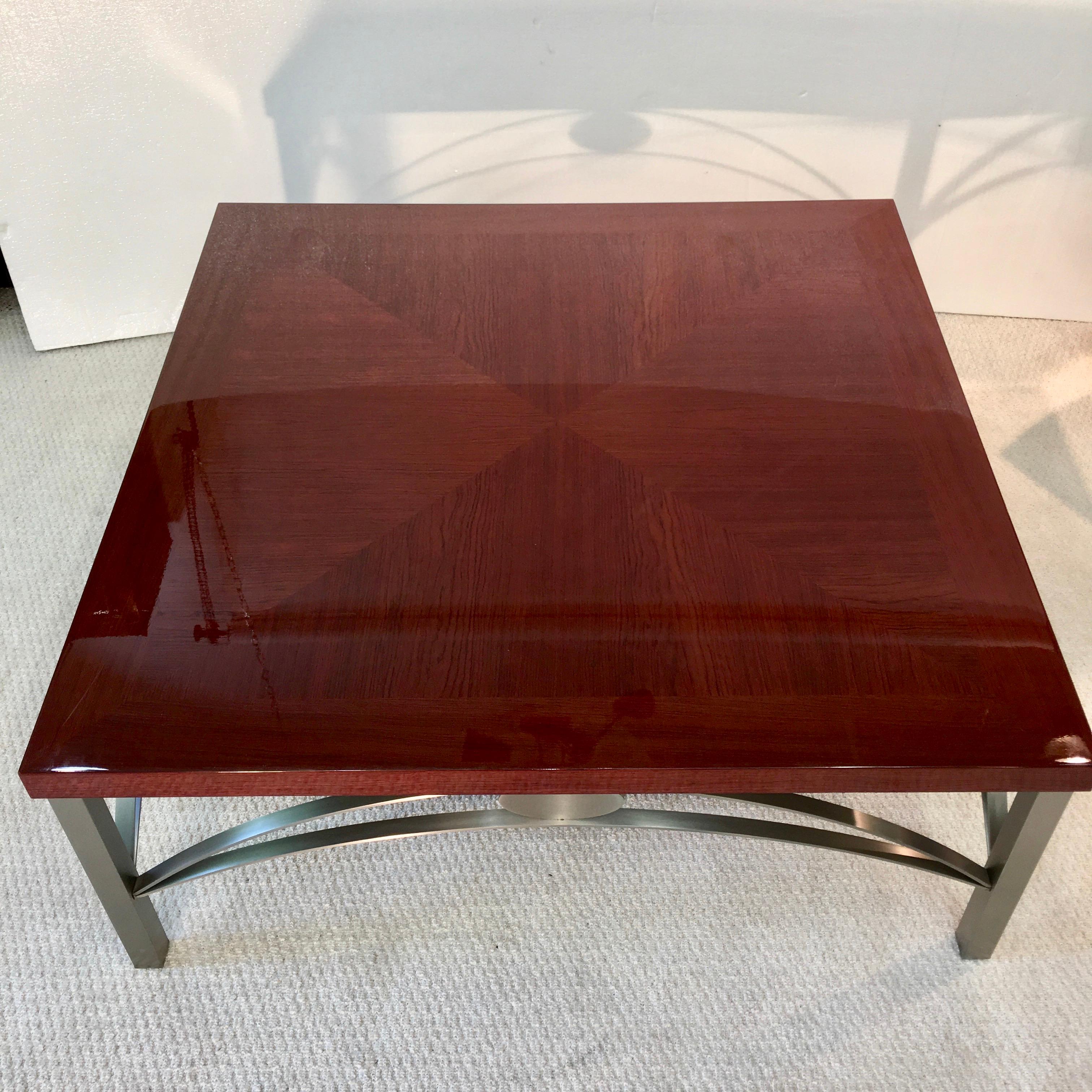 Designer Square Cocktail Table Padauk and Stainless Steel In Good Condition For Sale In Hanover, MA