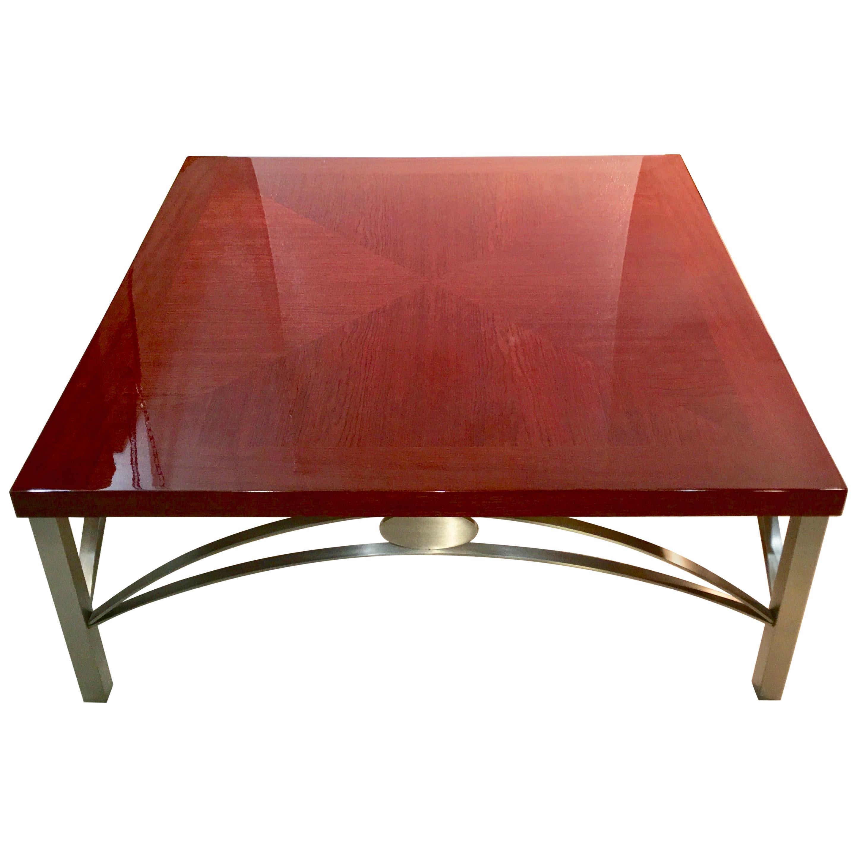 Designer Square Cocktail Table Padauk and Stainless Steel For Sale