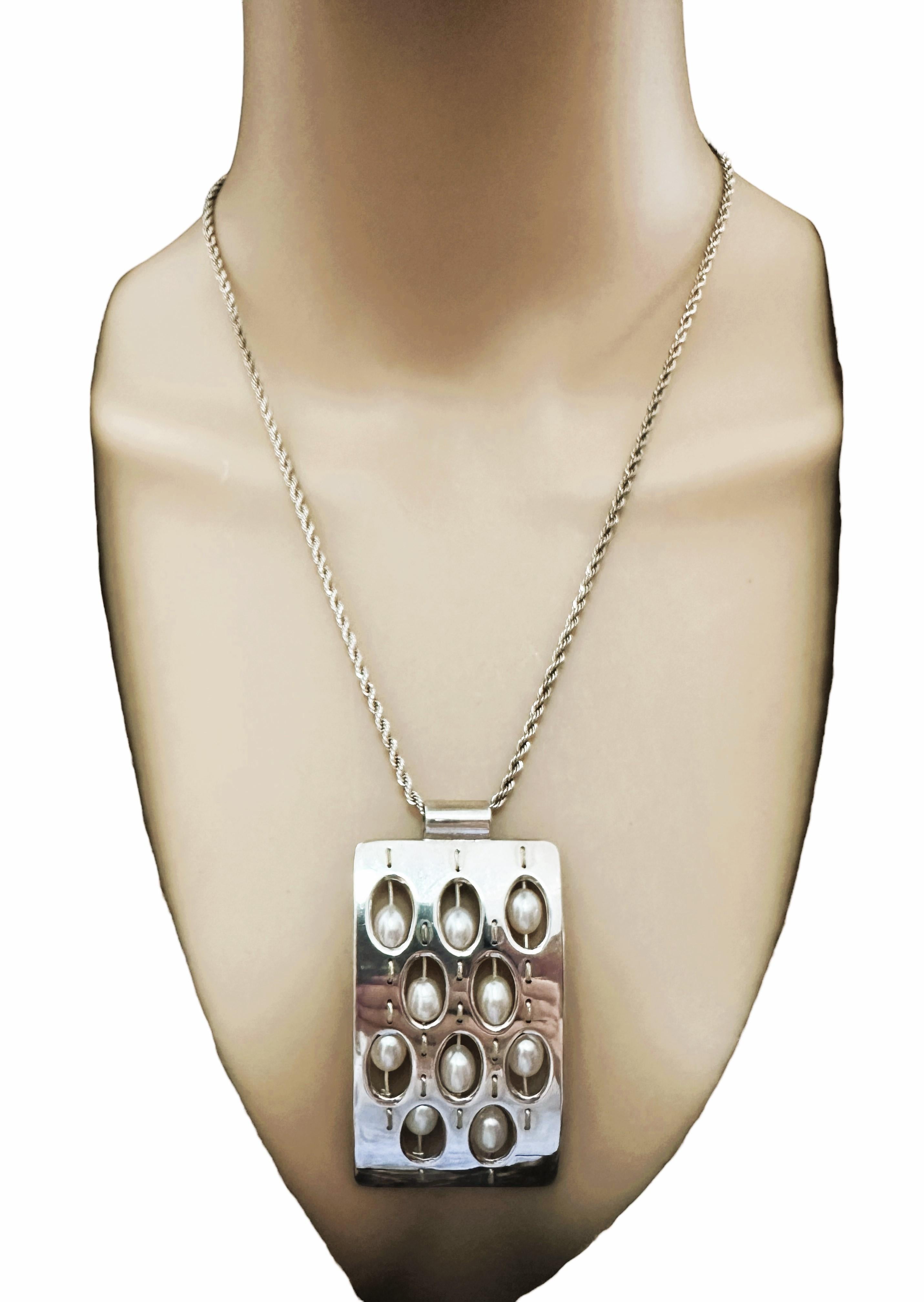 Modernist Designer Sterling Silver & Pearl Pendant Necklace by TSJ&M 20
