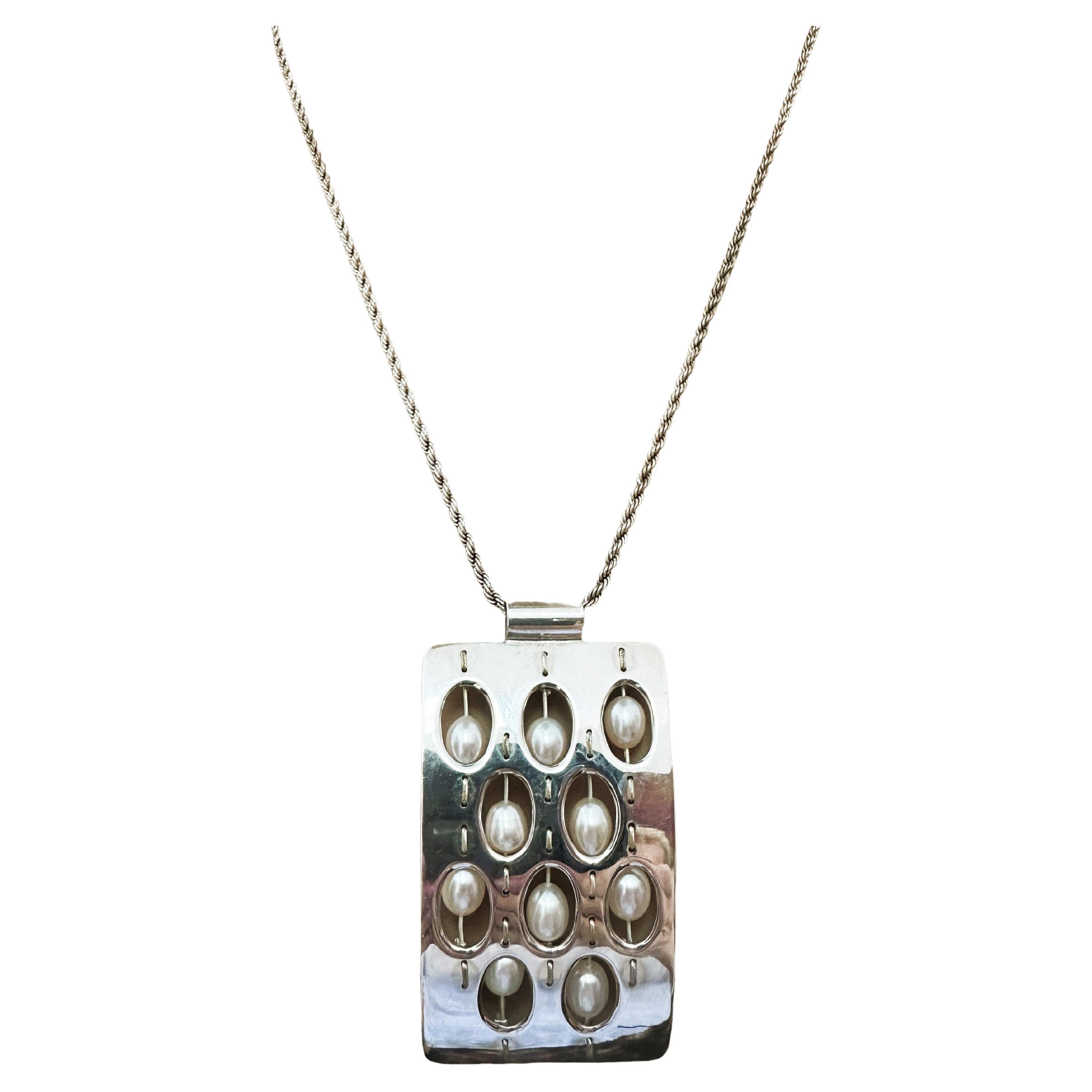 Designer Sterling Silver & Pearl Pendant Necklace by TSJ&M 20" For Sale