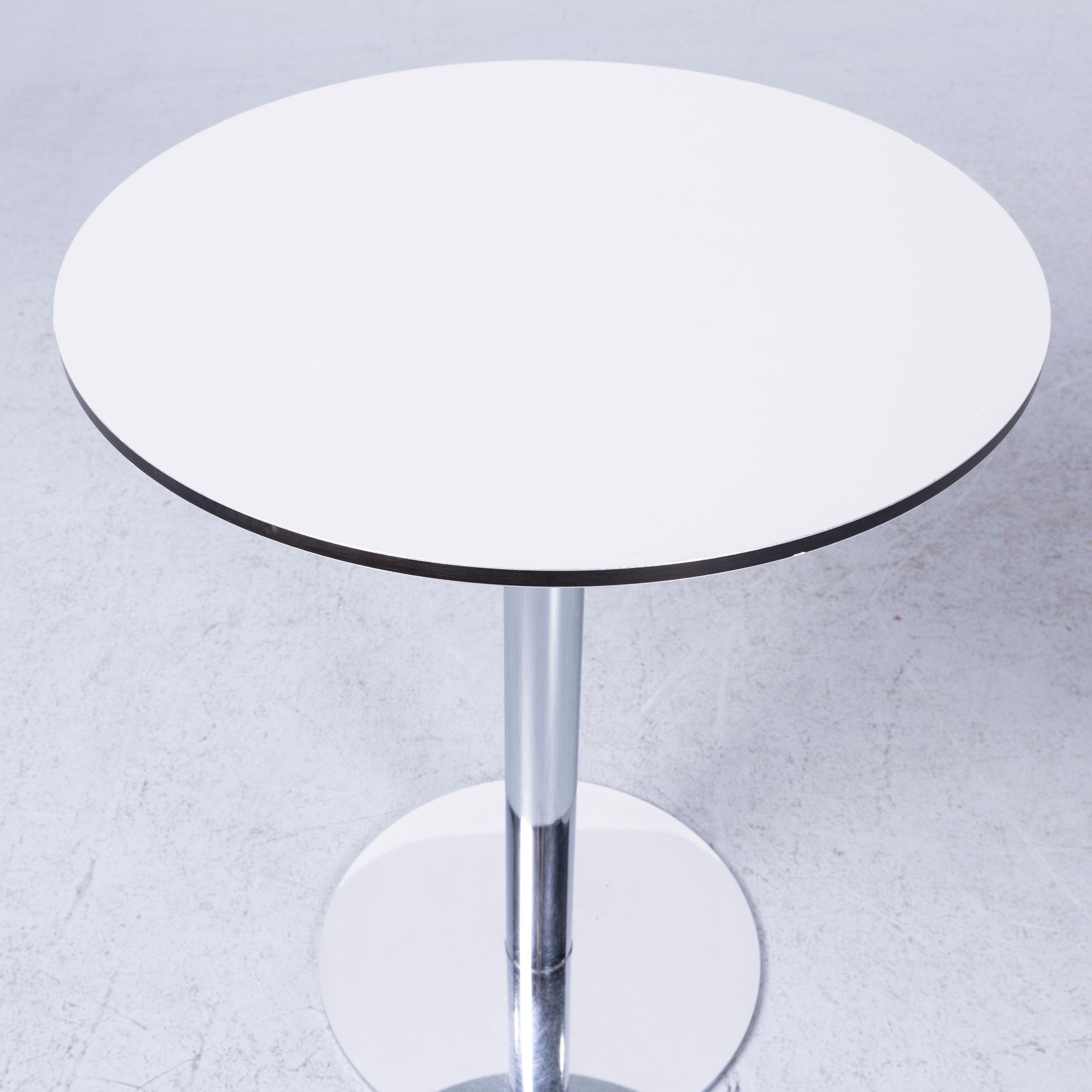 Contemporary Designer Table White Wood Chrome Swiss Air Lounge Bistro Round Modern For Sale