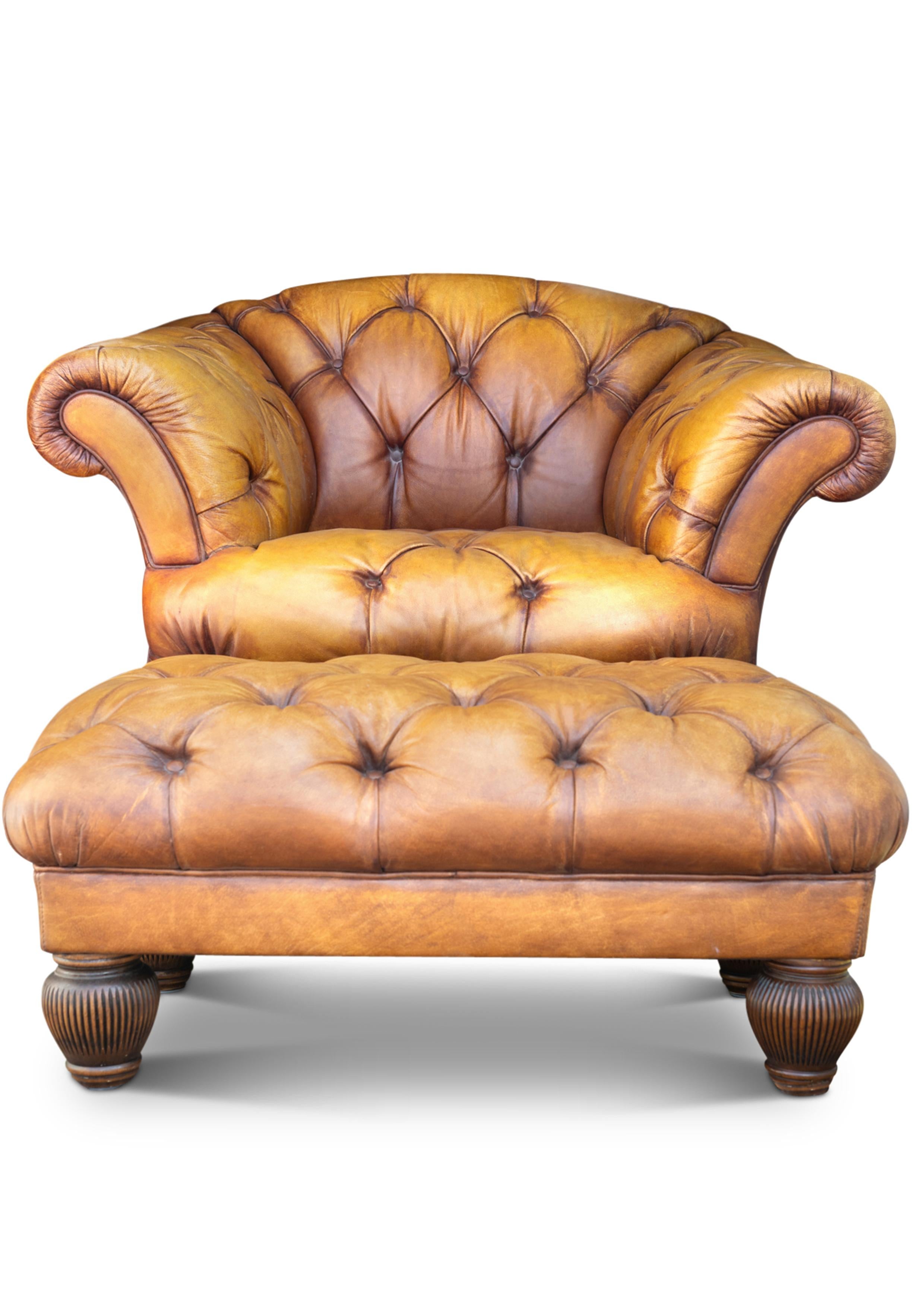 20th Century Designer Tan Leather Victorian Style Chesterfield Club Chair & Footstool For Sale