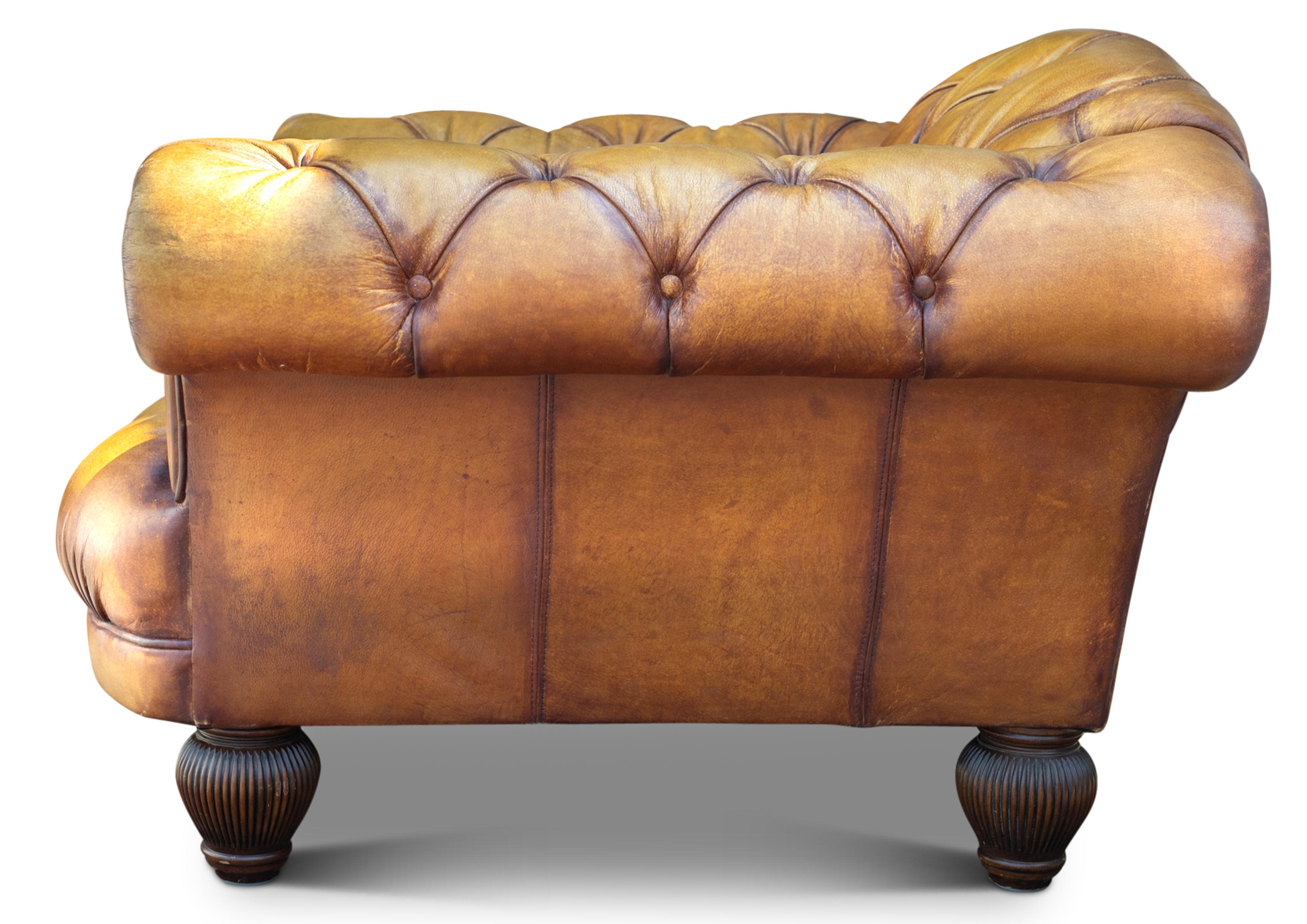 Designer Tan Leather Victorian Style Chesterfield Club Chair & Footstool For Sale 1