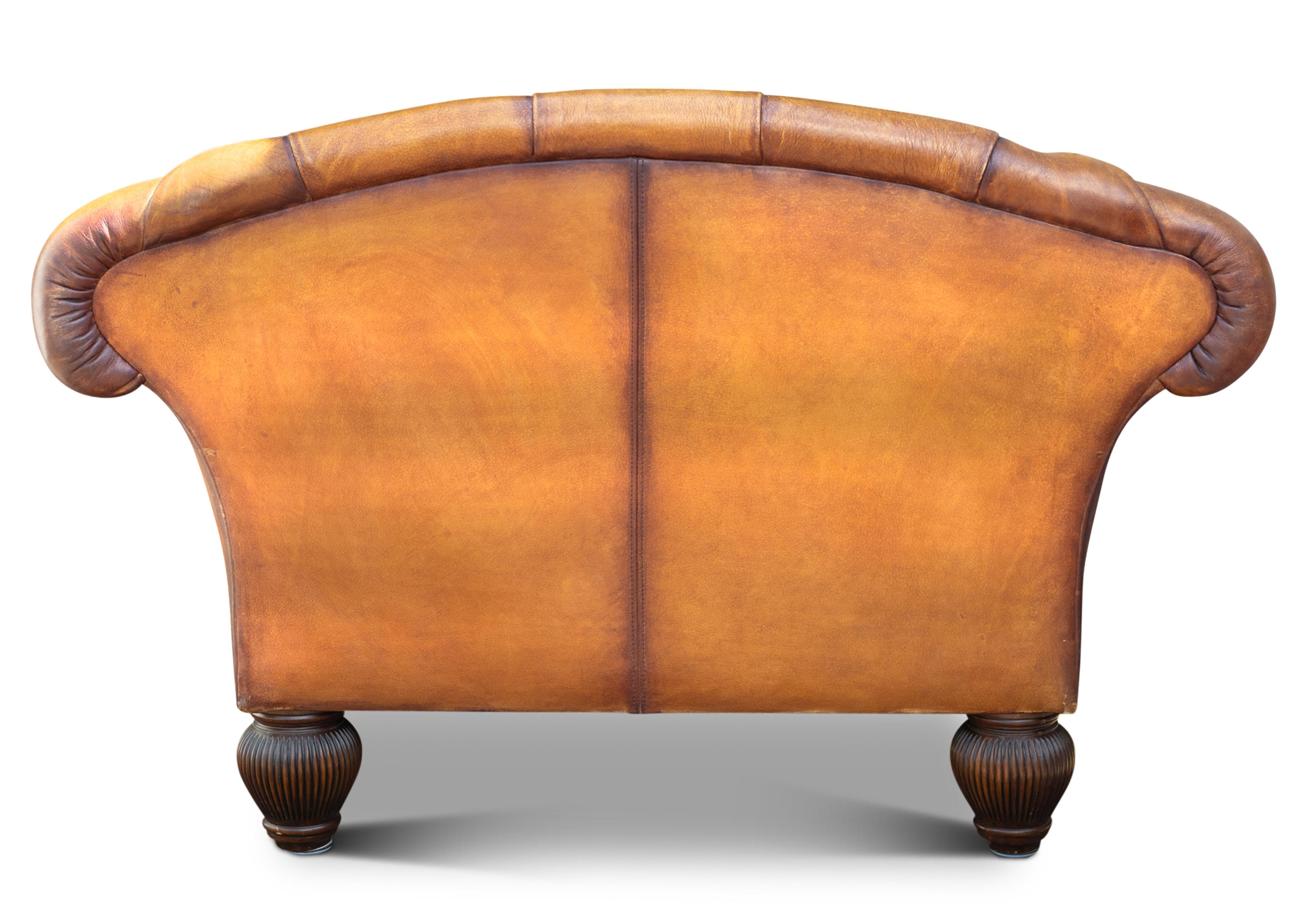 Designer Tan Leather Victorian Style Chesterfield Club Chair & Footstool For Sale 2
