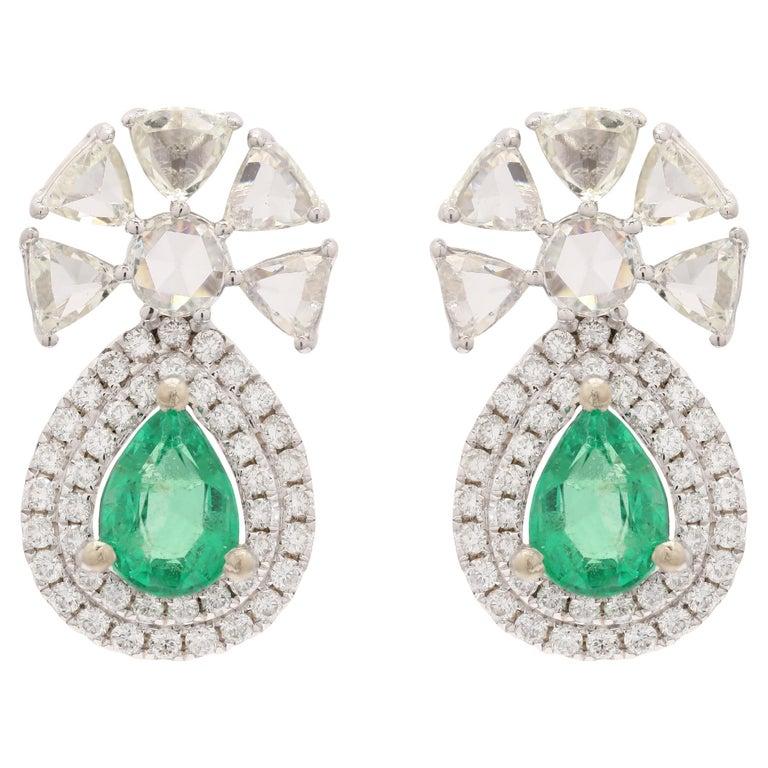 Women's Designer Teardrop Earrings made in Emerald & Diamond with 14k White Gold For Sale